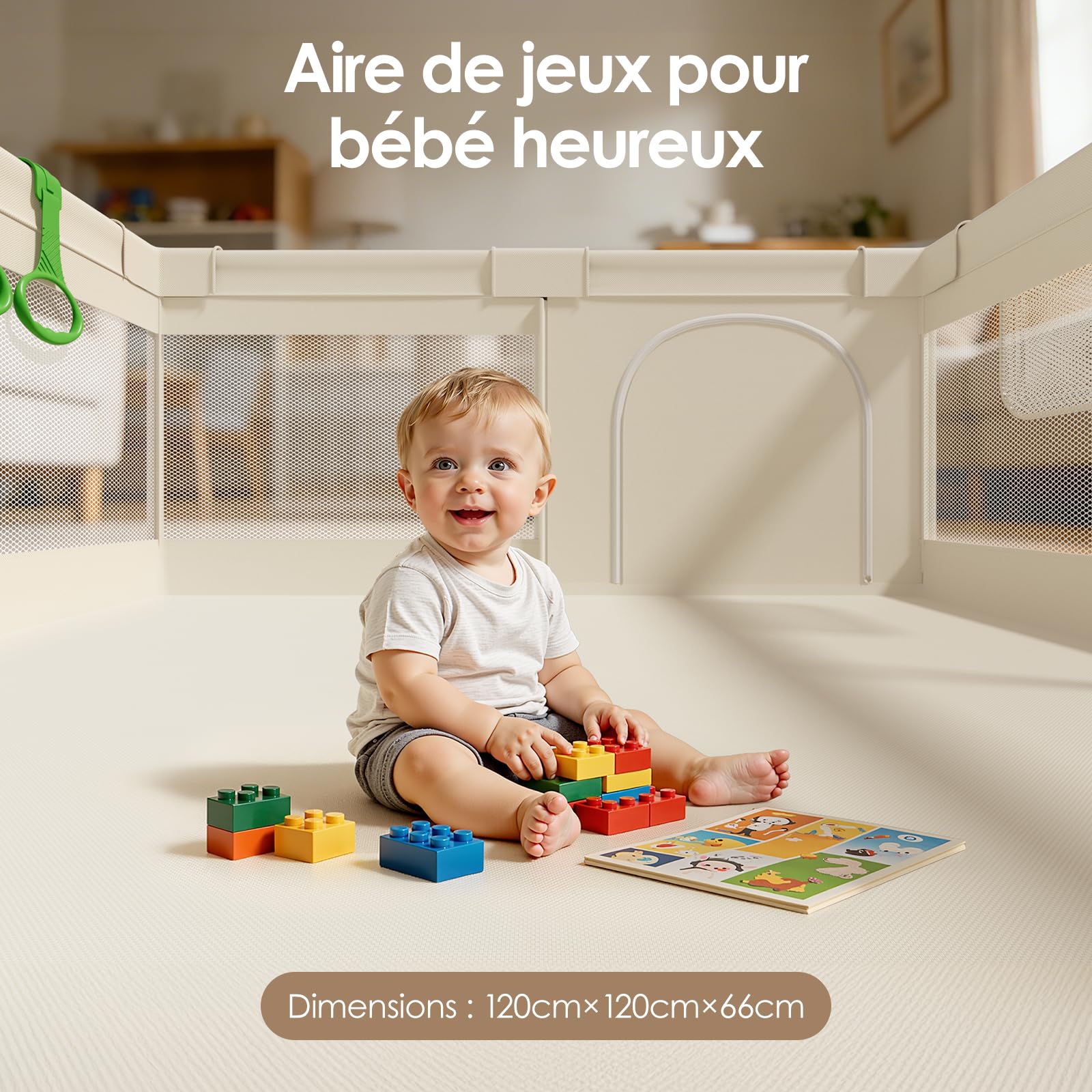 Beige Parc Bebe 120 × 120cm - Petit Parc Enfan Parc de Jeux Bébé | Parc Bebe Maille Respirante，pour Appartements Park, Facile à nettoyer Oxford, Maille Transparente Sans BPA