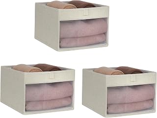 WUIKE Cloth Storage Bins with Clear Window, Linen Beige, Medium, 3-Pack | Closet Storage Bins, Small Space Storage, Dorm Organization, Room Organization, Home Organization