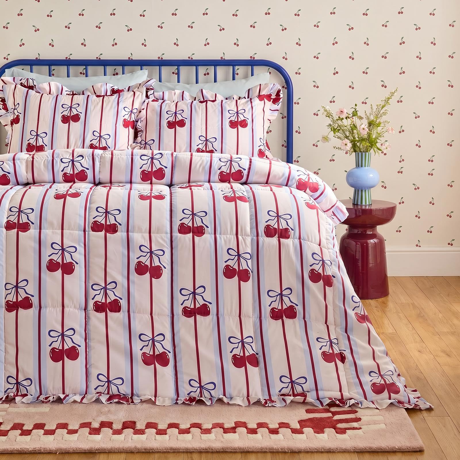 OHS Cherry Bow Frill Edge Coverless Duvet Single, 7.5 Tog Quilt Duvet, Blue — image 1