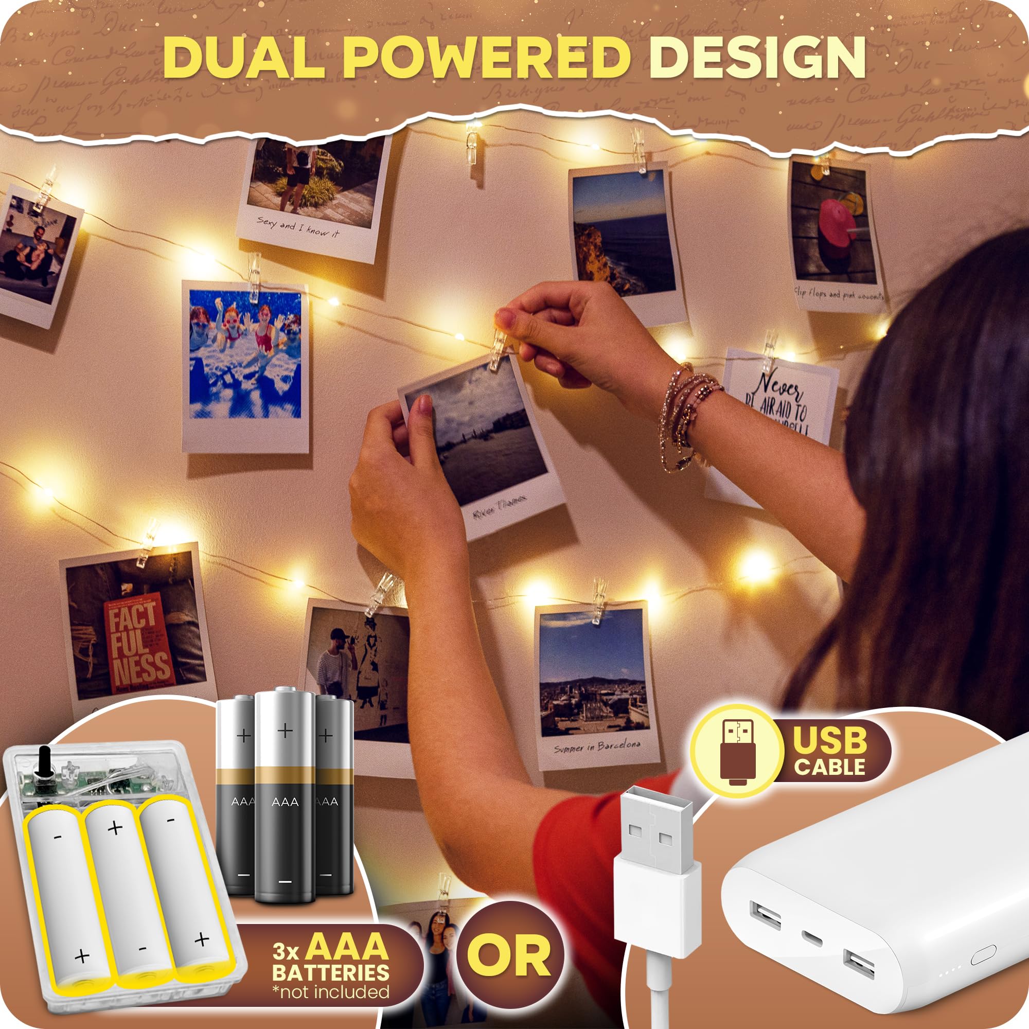 Photo Clips String Light - Copper String Lights (16.4ft) with 50 Transparent Clips & 50 Warm White LED - Fairy Lights with.