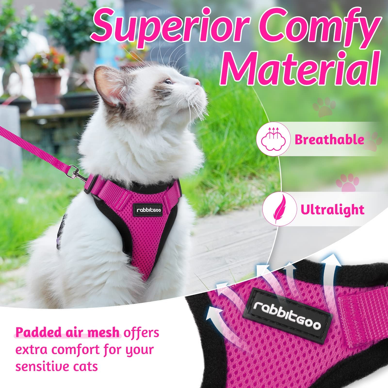rabbitgoo Pettorina Gatto Antifuga con Guinzaglio, Guinzaglio per Gatti Regolabile, Pettorina Cane Taglia Piccola Riflettente, Imbracatura Gatto Adulto in Maglia Traspirante, Rosa Rossa, XS