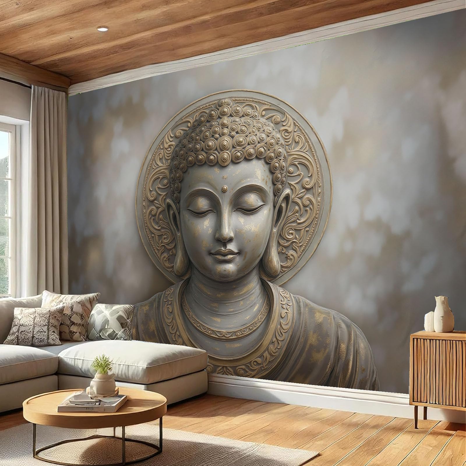 Papier peint panoramique statues de pierre zen chinose pour salon et chambre retro 200x140cm