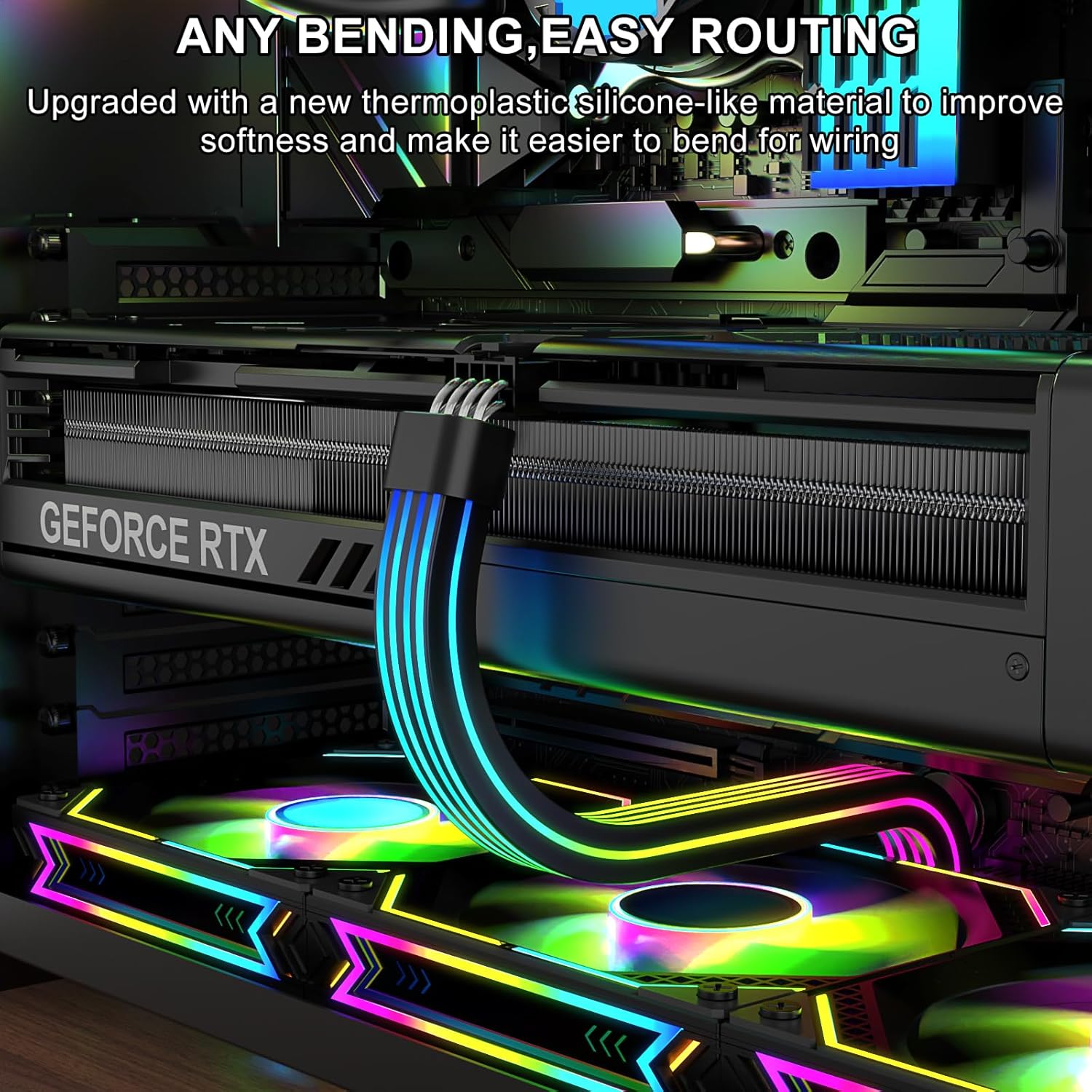 Sirlyr RGB 8-Pin PCIe ARGB GPU Cable Extension installed in a PC case, demonstrating its flexibility and routing capabilities.