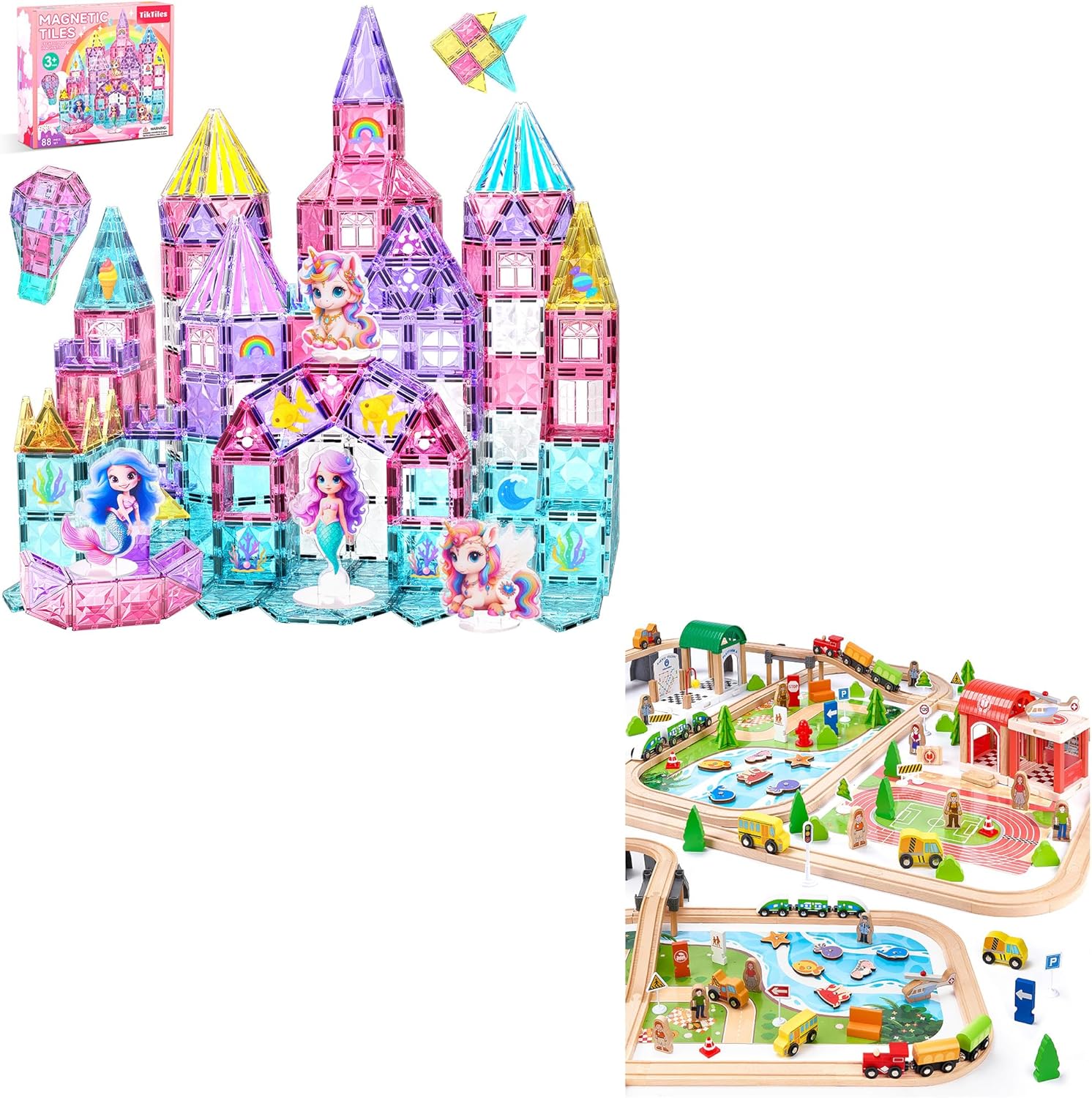 Magnetic Tiles Unicorn Building Toys Set and 175-Piece Wooden Train Set