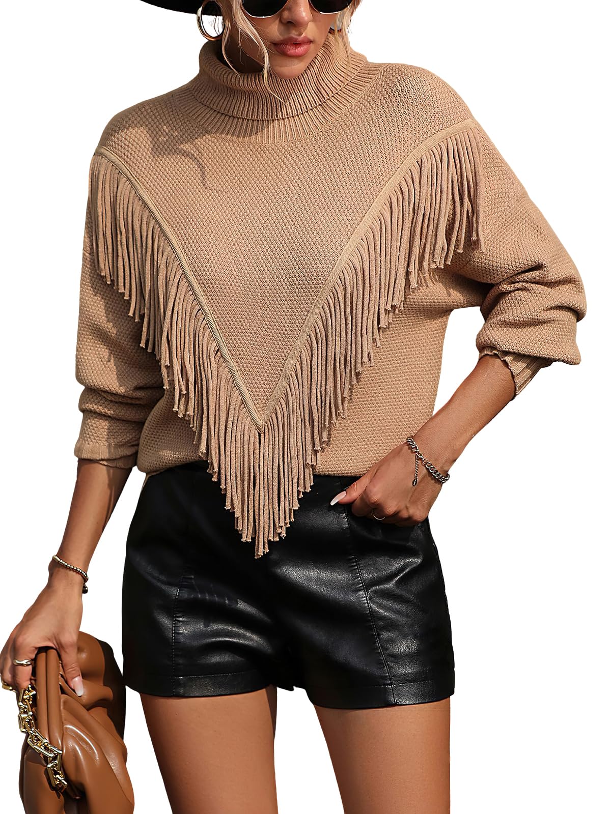 Womens Casual Turtleneck Sweater Fringe Tassels Long Sleeve Knitted Fall Sweater Pullover Tops