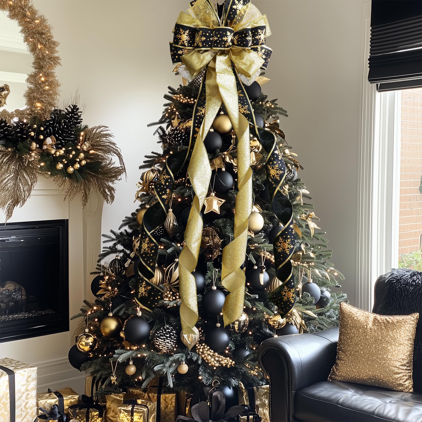 Lazo grande para decoración de árbol de Navidad de 52 x 13 pulgadas, lazos de corona de cinta con alambre preatados, adornos de Navidad con borde largo con alambre para vacaciones, Acción de Gracias,