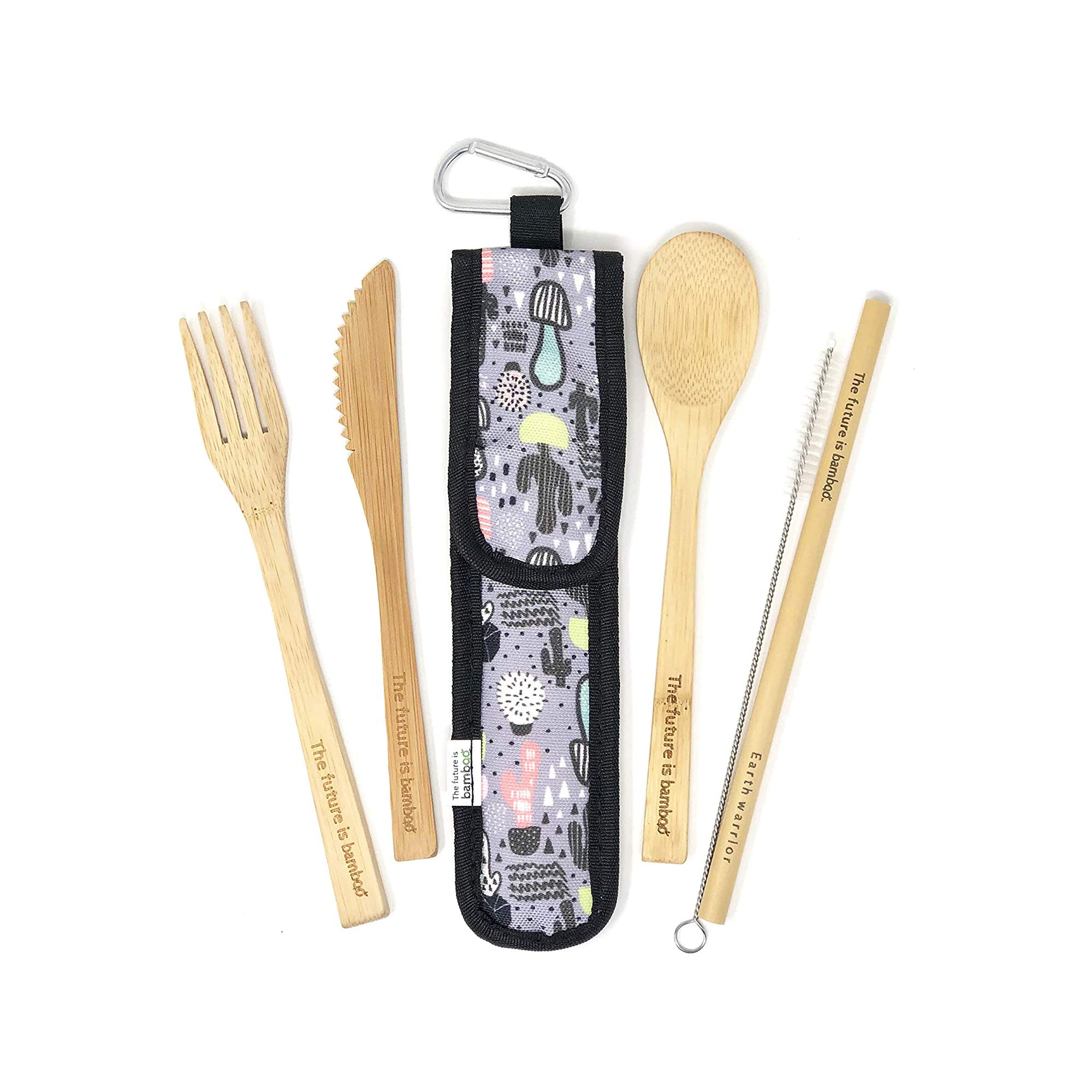 The Future is Bamboo 5- Piece Cutlery Set, Travel Utensil Reusable Organic Bamboo Travel Utensils, Wooden Travel Cutlery kit with Utensil Fork, Knife, Spoon, Straw Cleaning Brush, Pouch and Carabiner