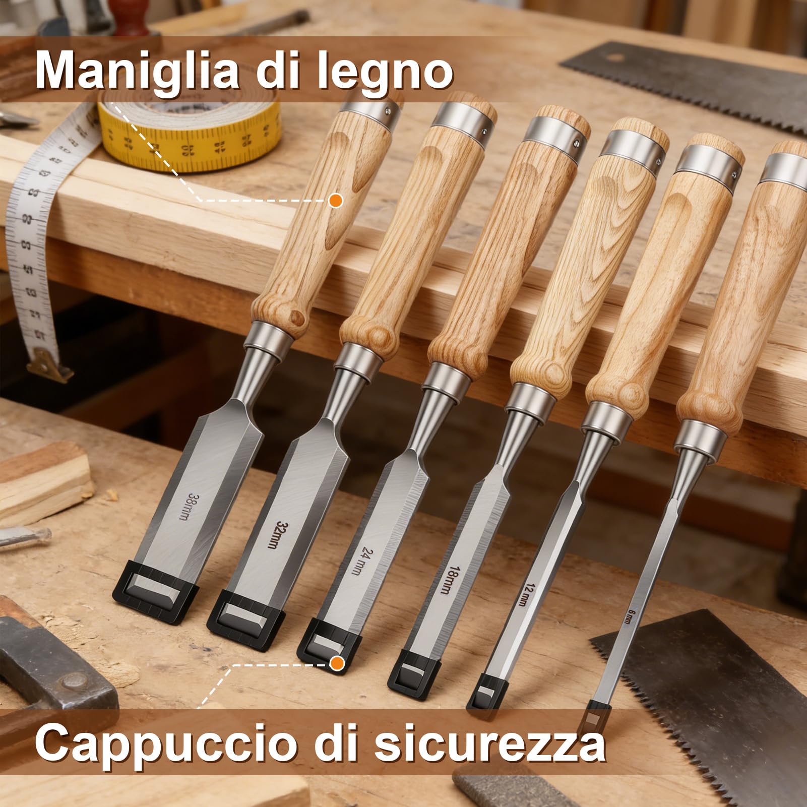 Set di Scalpelli per Legno, 6PCS Scalpelli da Intaglio di Lavorazione | Scalpello per Legno, Guida per Affilare e Pietra per Affilare, Scatola, per Intaglio, Carpenteria, Rifilatura dei Bordi