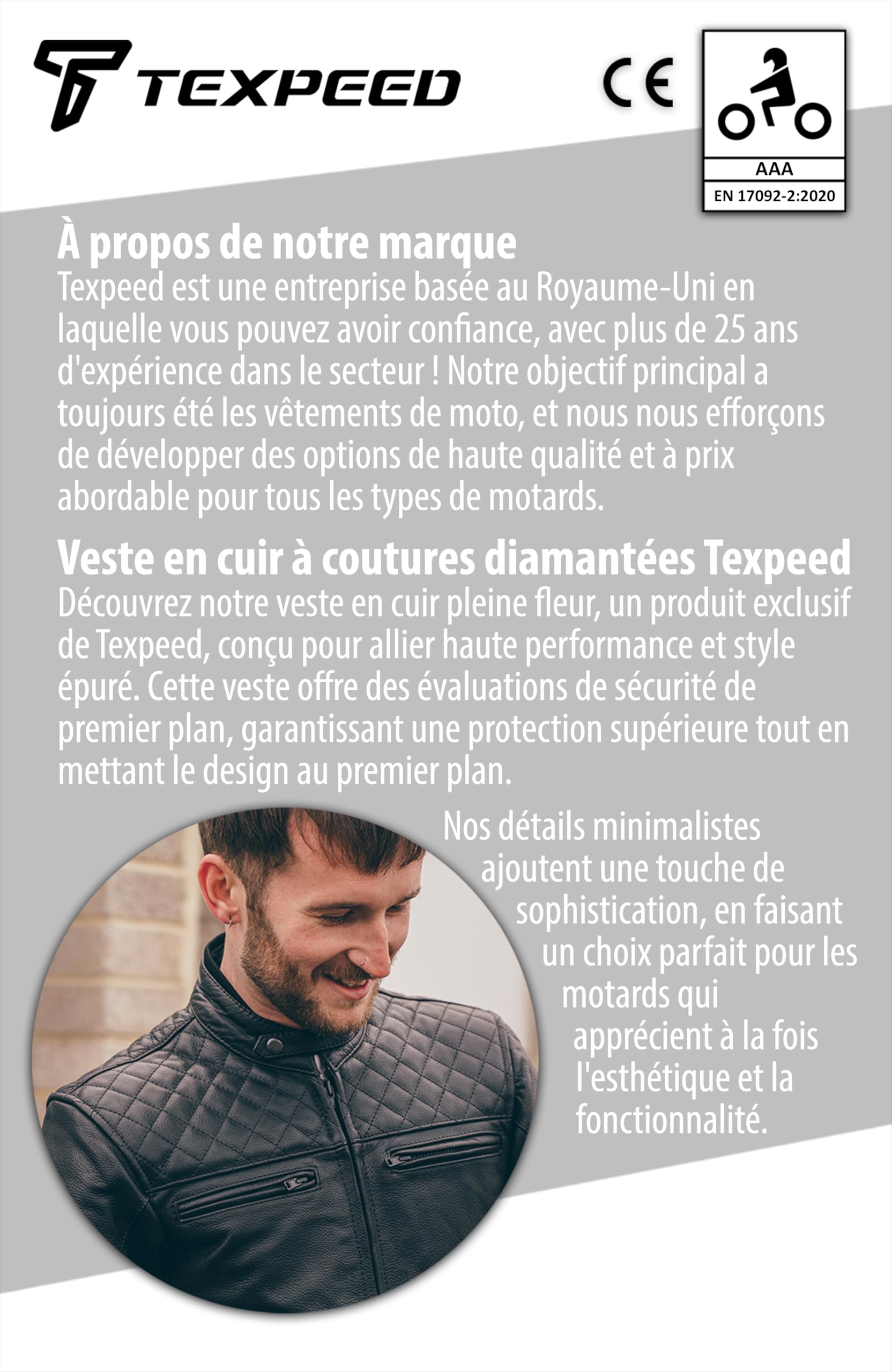 Texpeed Blouson de moto en cuir pour homme - Veste de moto de tourisme avec protection véritable biker CE armor (EN 1621-1) Coutures diamant - Noir - XXL | EN 17092 Vêtement Moto Renforcé, EN 1621-1 [Niveau 1] Armure de Motard Flexible, Cuir de Vachette V
