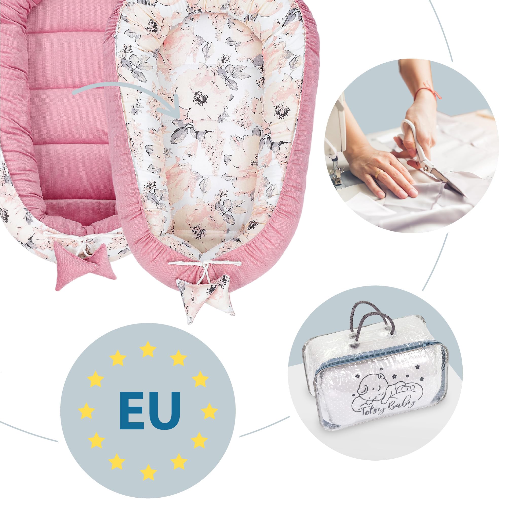 Totsy Baby Set de nid pour bébé Portable, nid Douillet, nid pour Nouveau-né avec poignée pour lit bébé, Ensemble 4 pièces avec Accessoires pour Un Sommeil paisible Rose Sauvage Rose