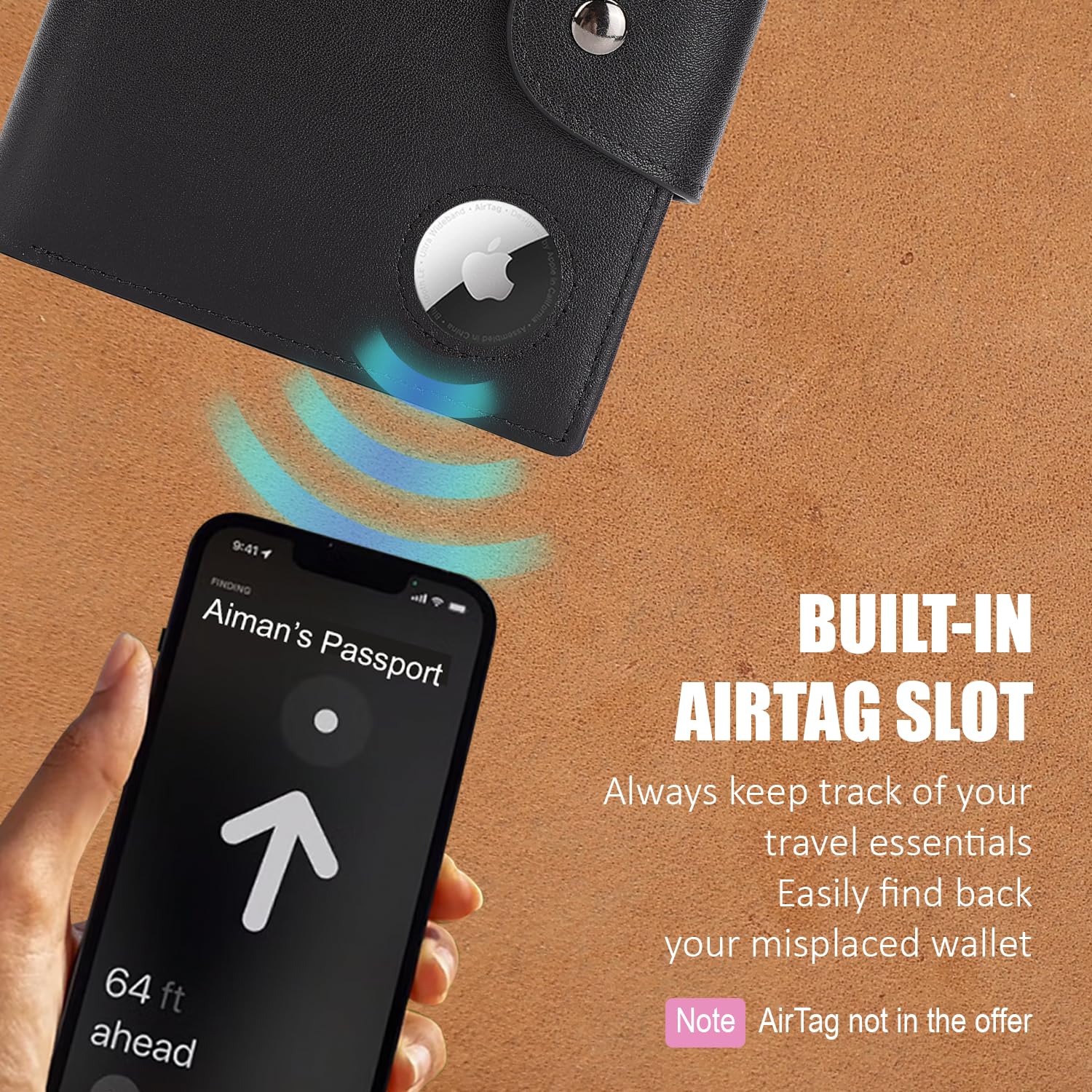 STAR VISTA Carmen Reisepass-Brieftasche aus Leder, doppelte Faltfächer, RFID-Blockierung, Ausweisfenster, 6 Kartenfächer, SIM-Fächer, AirTag-Fächer, Schwarz mit AirTag-Schlitz, Multifunktionales
