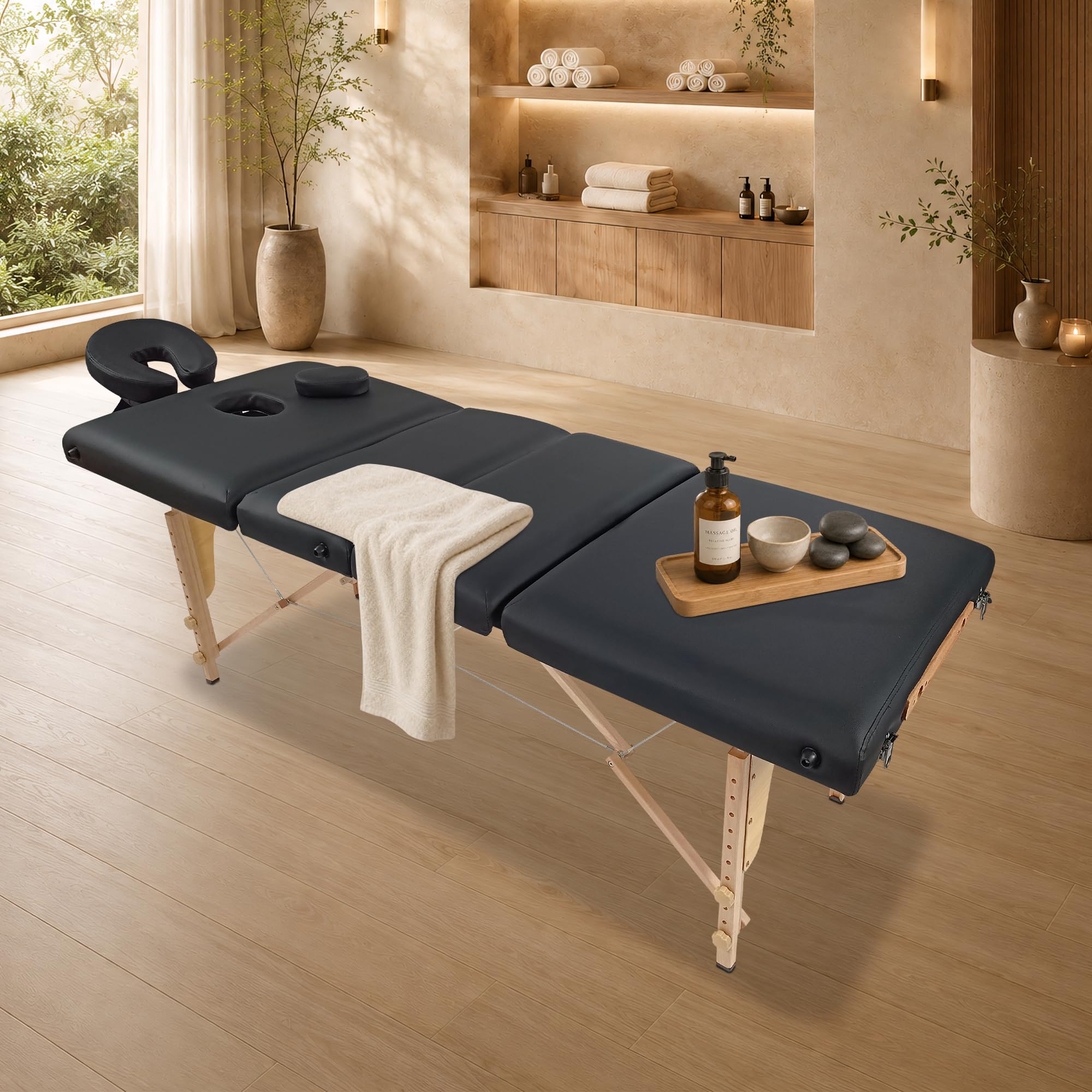 BELTOM® Table de Massage 4 Zones Portables Cosmetique lit esthetique avec Panneau Reiki + Sac - Noir