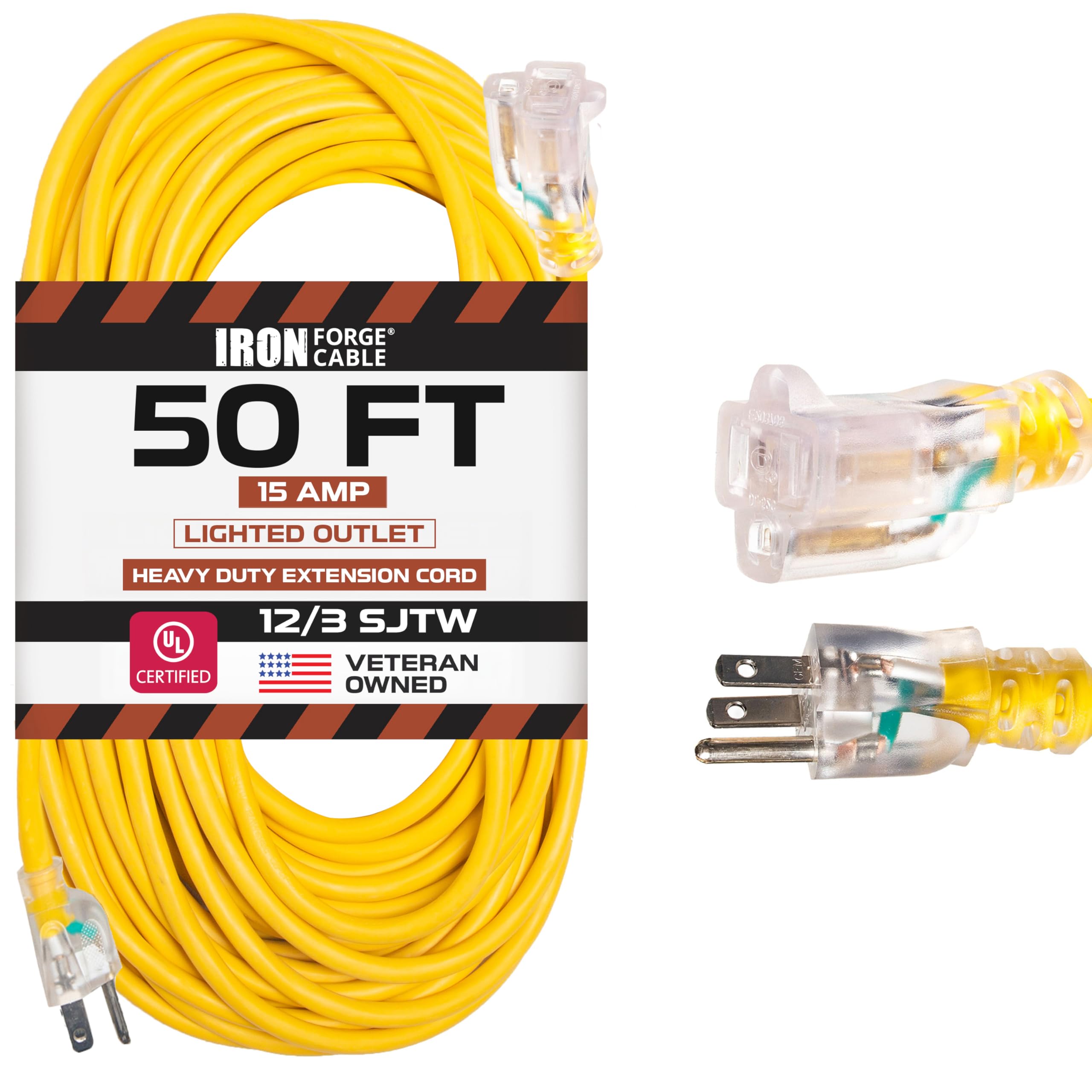 Outdoor Extension Cord - 12/3 SJTW Heavy Duty Yellow 3 Prong Extension Cable - Great for Garden and Major Appliances (50 Foot - Yellow)