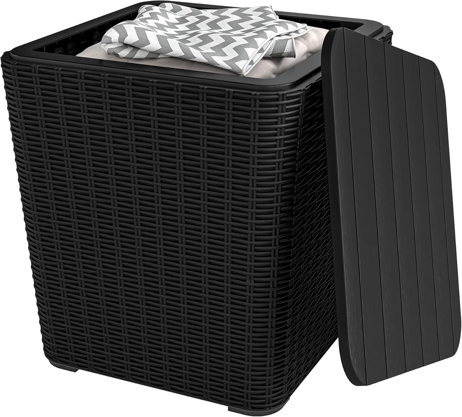 Outdoor Resin Rattan Storage Bin, Black, 11.5 Gallon, Weather Resistant, Multipurpose Side Table/Coffee Table/Storage Stool, 15.3x15.3x16.3 Inch