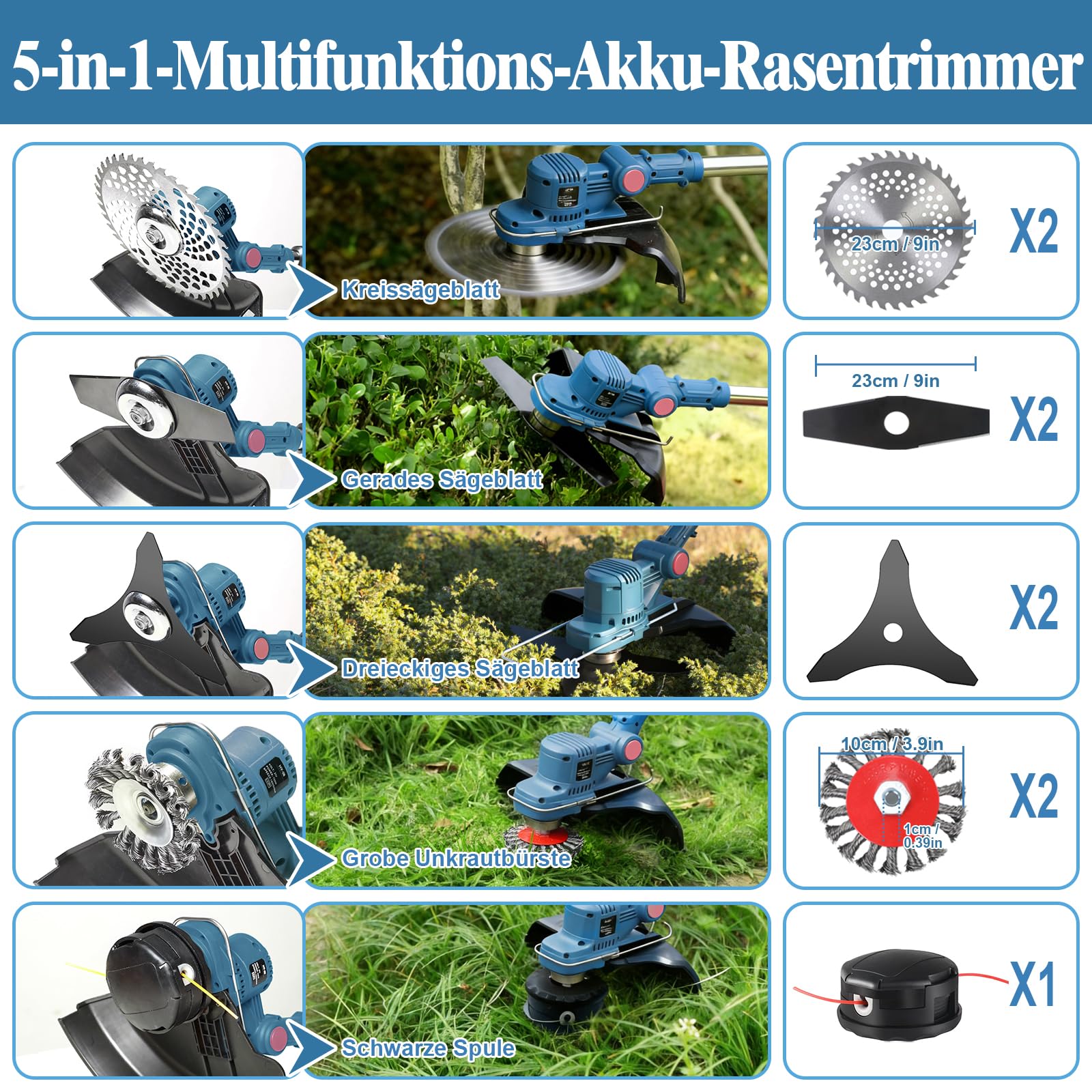 Desbrozadora Bateria 21V, Desbrozadora Electrica con 2 x 4.0Ah Baterías, Cortacesped Electrico 5 En 1 Cortabordes Bateria con Cepillo de Malas Hierbas, Motor sin Escobillas, Pantalla LED, Azul - 4