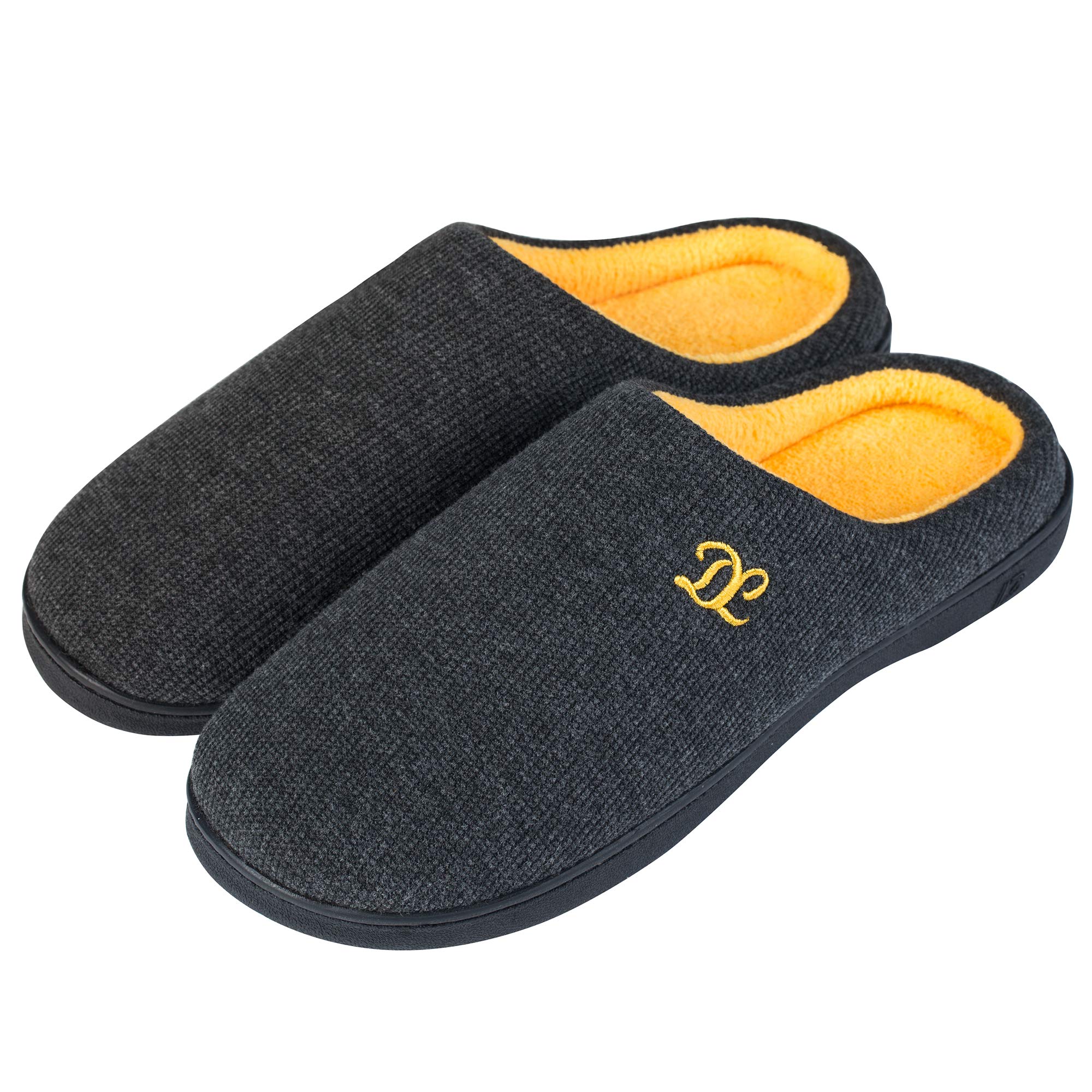 DLMens Memory Foam Slippers, Slip on Bedroom Slippers for Mens Indoor Outdoor, Men's House Slippers Non-Slip Hard Rubber Sole, Warm Soft Flannel Lining Man Slippers Black Gray Navy