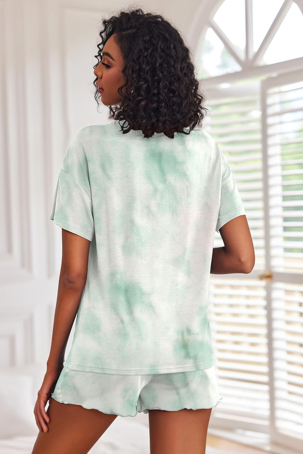 Ekouaer Schlafanzug Damen Kurz Baumwolle Pyjamas mit Knopfe Schlafanzüge Krawattenfarbe Pjs Sets Kurzarm Sleepwear S-XXL - Image 4