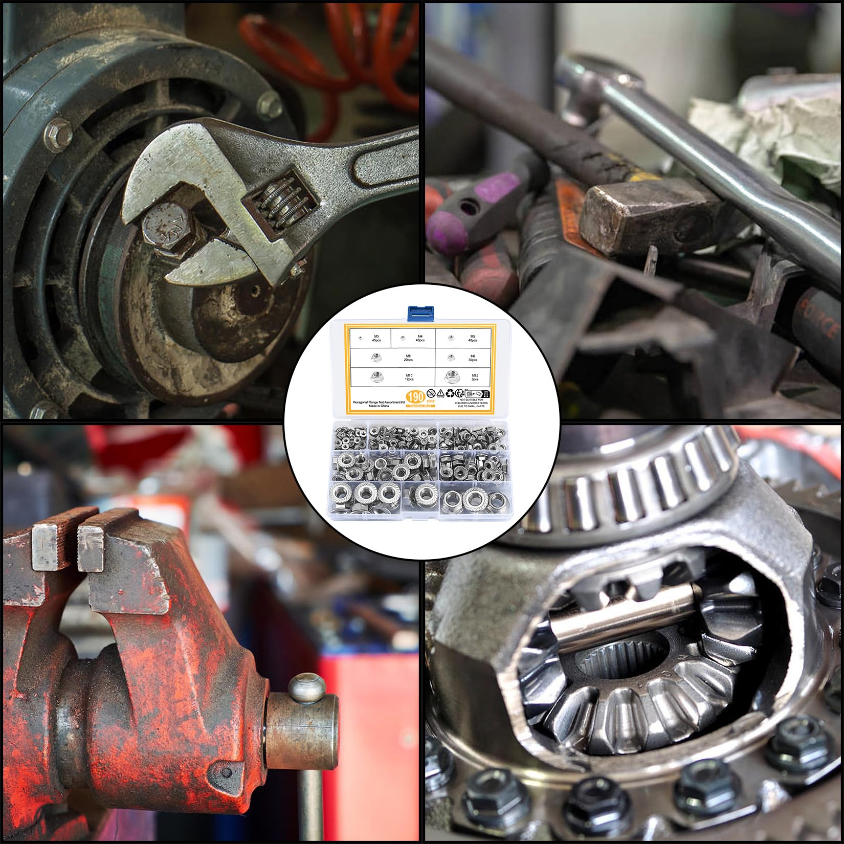 190 Pz Kit Dado Flangiato Esagonale, Dadi Flangiati Esagonali in Acciaio Inox, Dadi Autobloccanti a Flangia Metrica Seghettati - M3/M4/M5/M6/M8/M10/M12