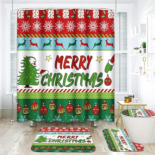 ArtSocket Juego de baño de Feliz Navidad con cortina de ducha y alfombras y accesorios, juego de cortinas de ducha de bola de árbol de Navidad,