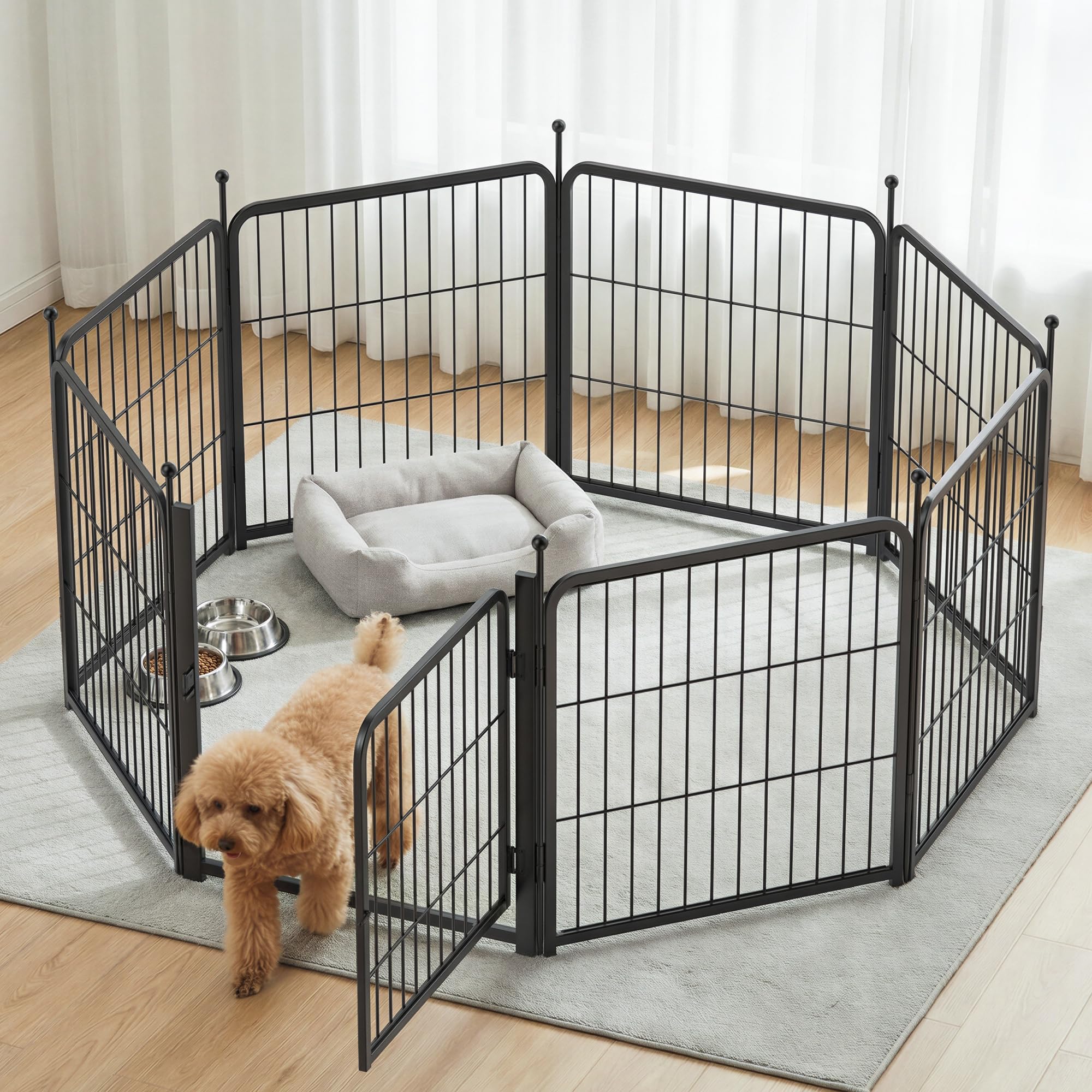 ペットサークル 犬用サークル 8 枚パネル 中小型犬対応 自由形状変更 スチール製 安全ロック付き 脱走防止 折りたたみ式 工具不要 組立簡単 子供でも設置可 安定性 屋内屋外兼用 携帯便利 ペットフェンス 犬ゲージ フローリング対応 滑り止め付き 高さ 60cm