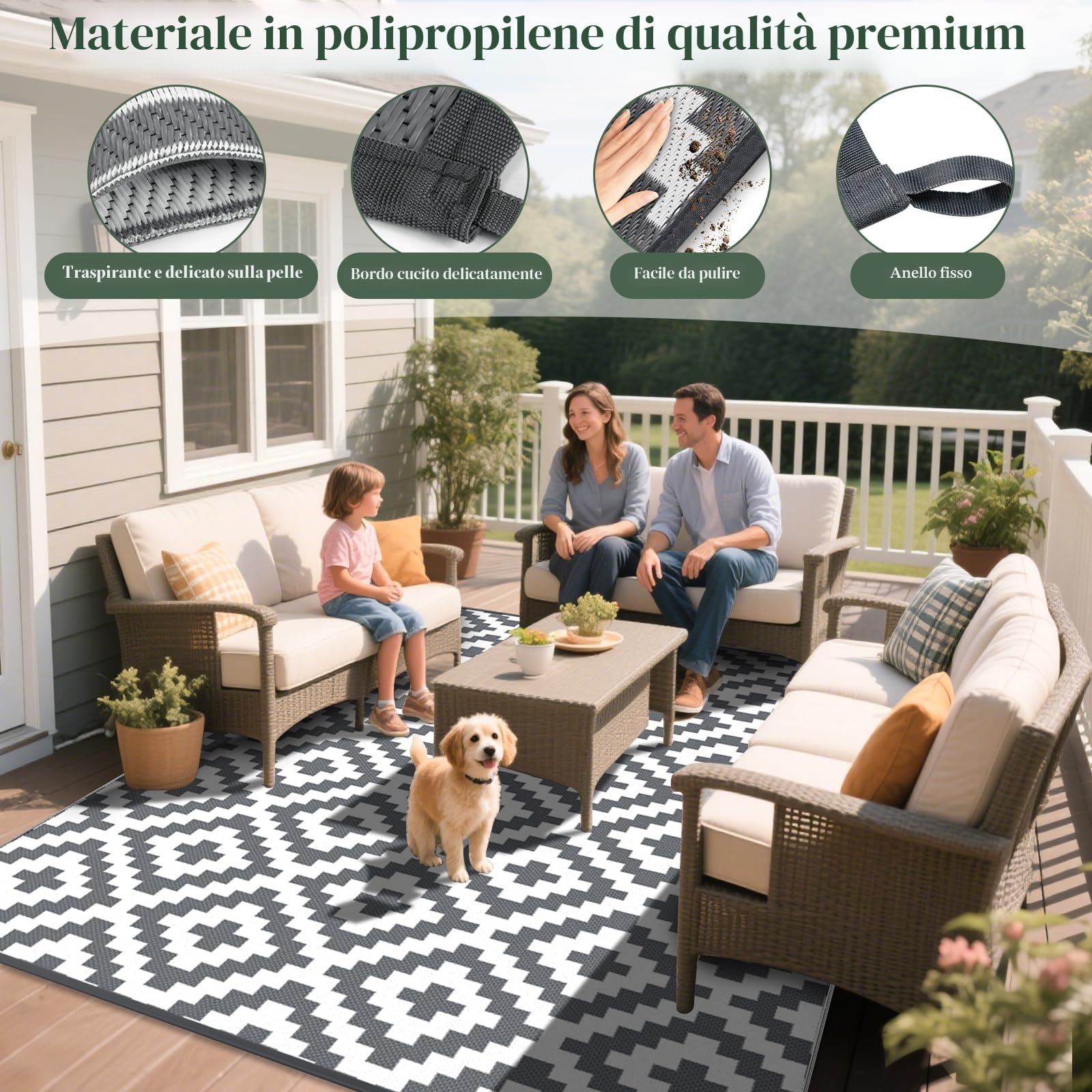 Mokani Tappeto da esterno 150x240cm antiscivolo impermeabile UV resistente plastica giardino patio spiaggia