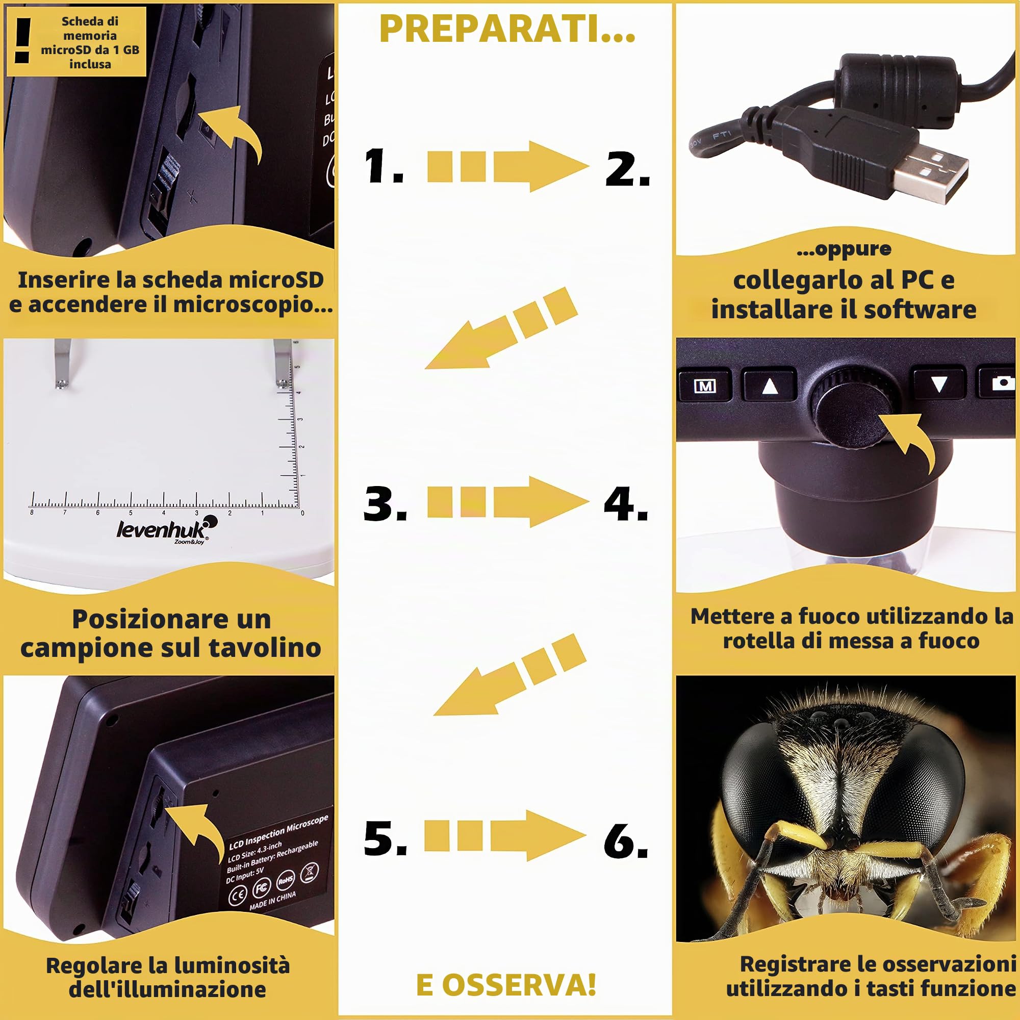 Levenhuk DTX 350 LCD Microscopio Digitale Portatile USB con Ingrandimento Zoom 20–300x per Lavori di Precisione in Ambito Elettronico, Biologico, Zoologico e per la Gioielleria