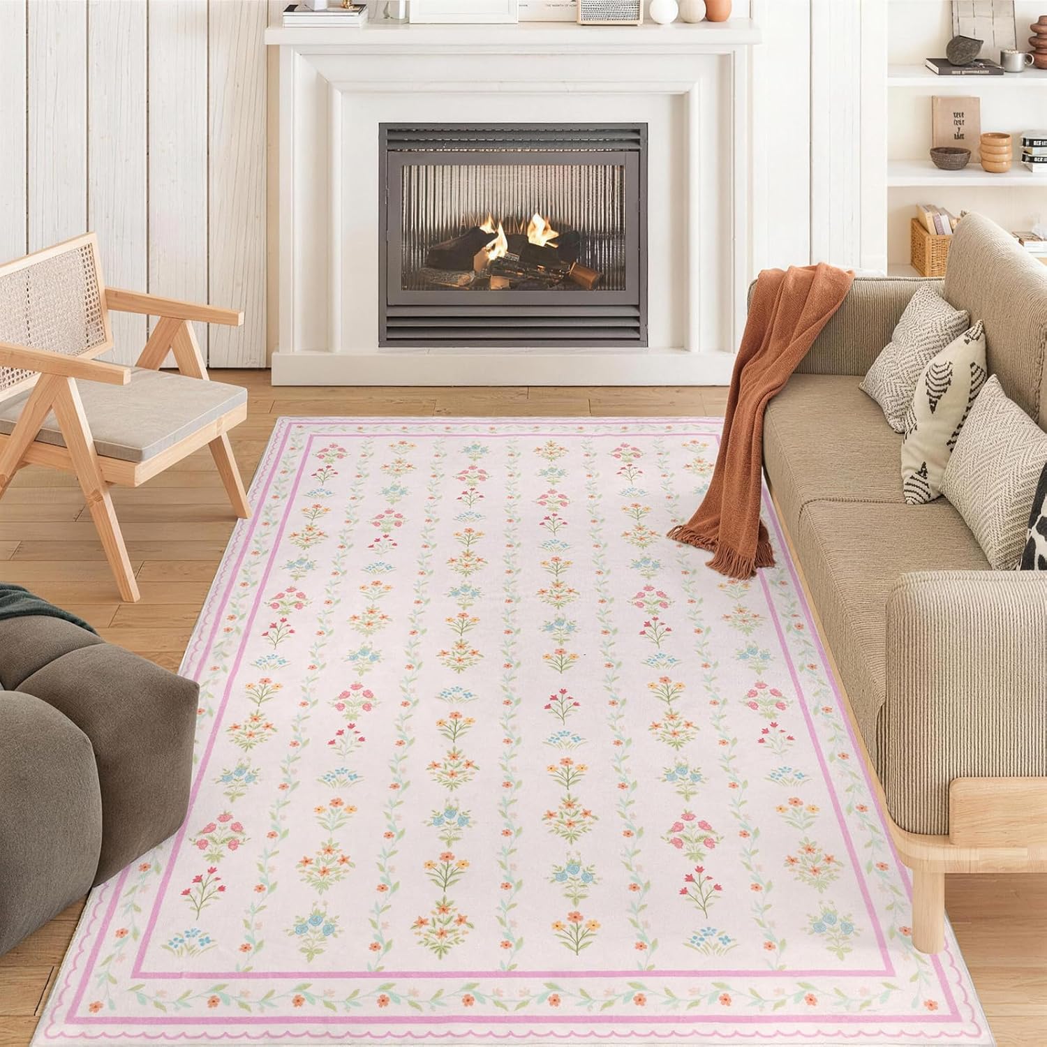 Pink Rugs for Bedroom Girls,5x8 Pink Floral Nursery Rug,Machine Washable Non Slip Carpet for Toddler Kids Room,Living Room,Playroom