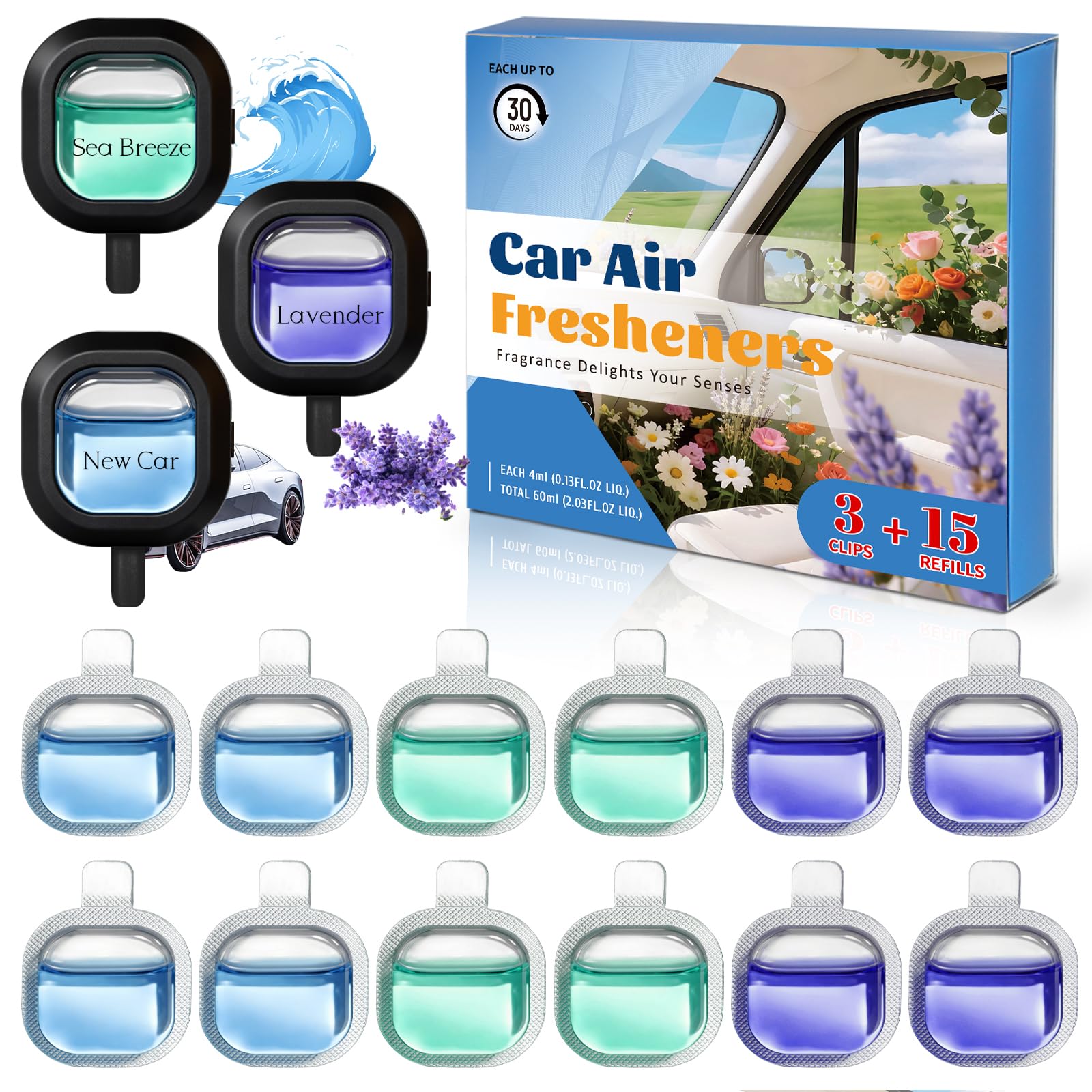 DERDUFT Car Air Freshener Vent Clip Kit – 3 Diffusers & 12 Refills, Long Lasting Car Fragrance for Daily Commute & Road Trips, Reusable Leakproof Vent Air Freshener, New Car, Lavender, Sea Breeze - 2