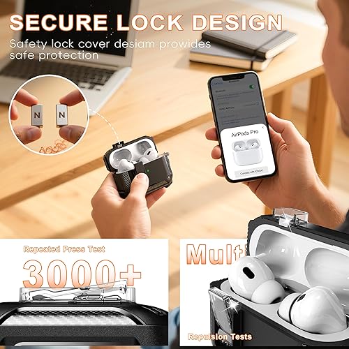 Miniatura 5 de R-fun Funda para AirPods Pro 2 con kit de limpieza, elementos de fibra de carbono, a prueba de caídas militares, soporte para teléfono y base