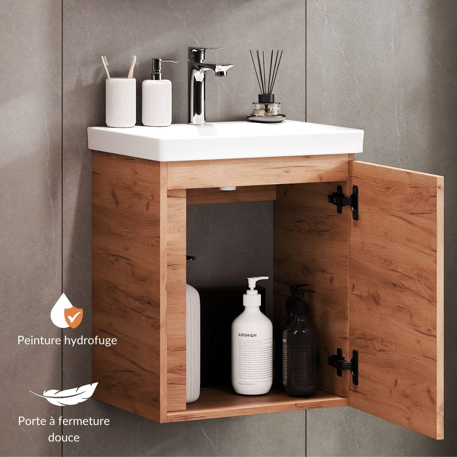 Planetmöbel Lavabo avec Meuble sous Vasque 50 cm, Armoire de Toilette 50 cm Incluse, Ensemble de Meubles de Salle de Bain avec lavabo Suspendu, chêne doré