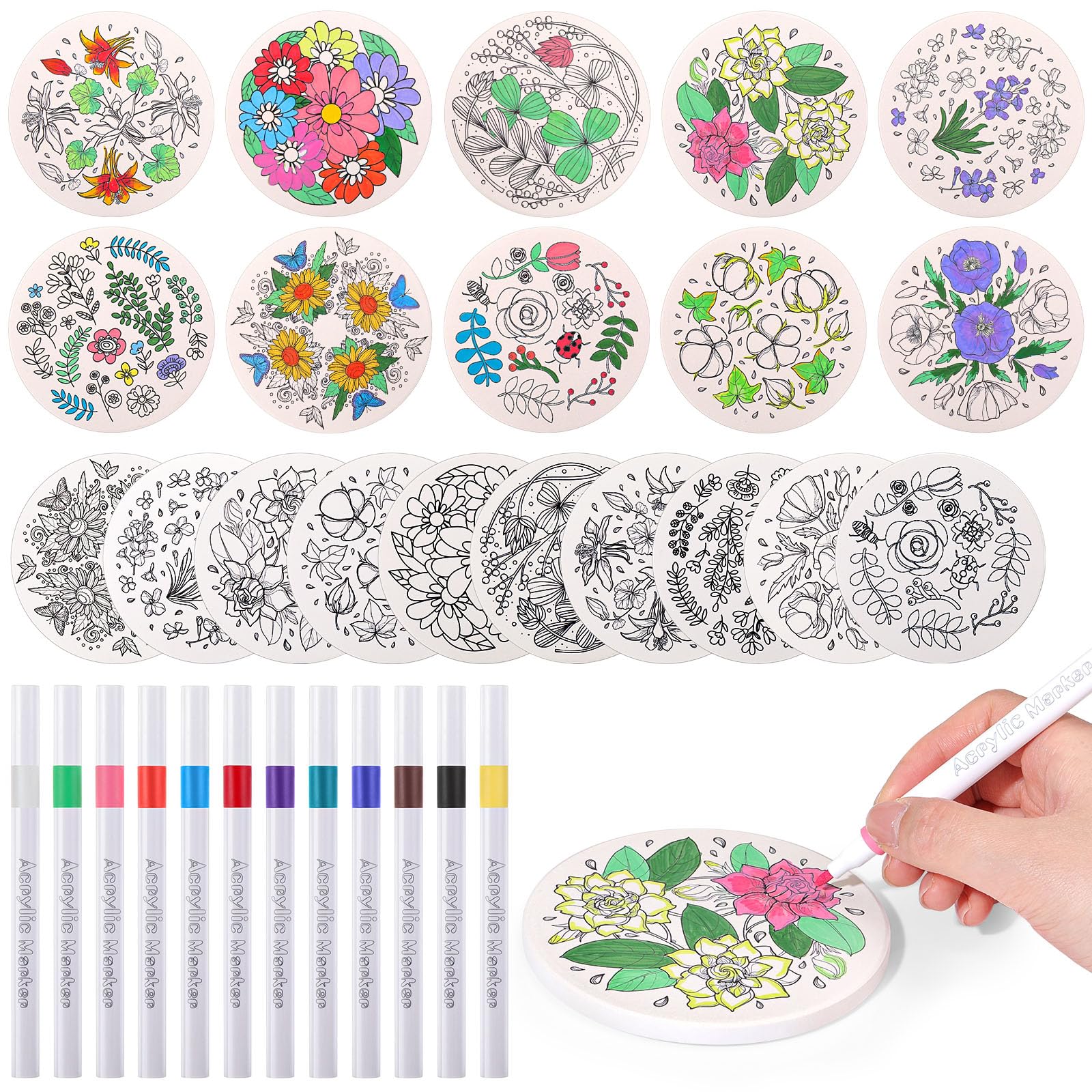 Potchen 10 Pcs Ceramic Coasters for Drinks Color Your Own Coaster Set DIY Absorbent Cup Mat with 12 Markers and Cork Base Gift Arts and Crafts for