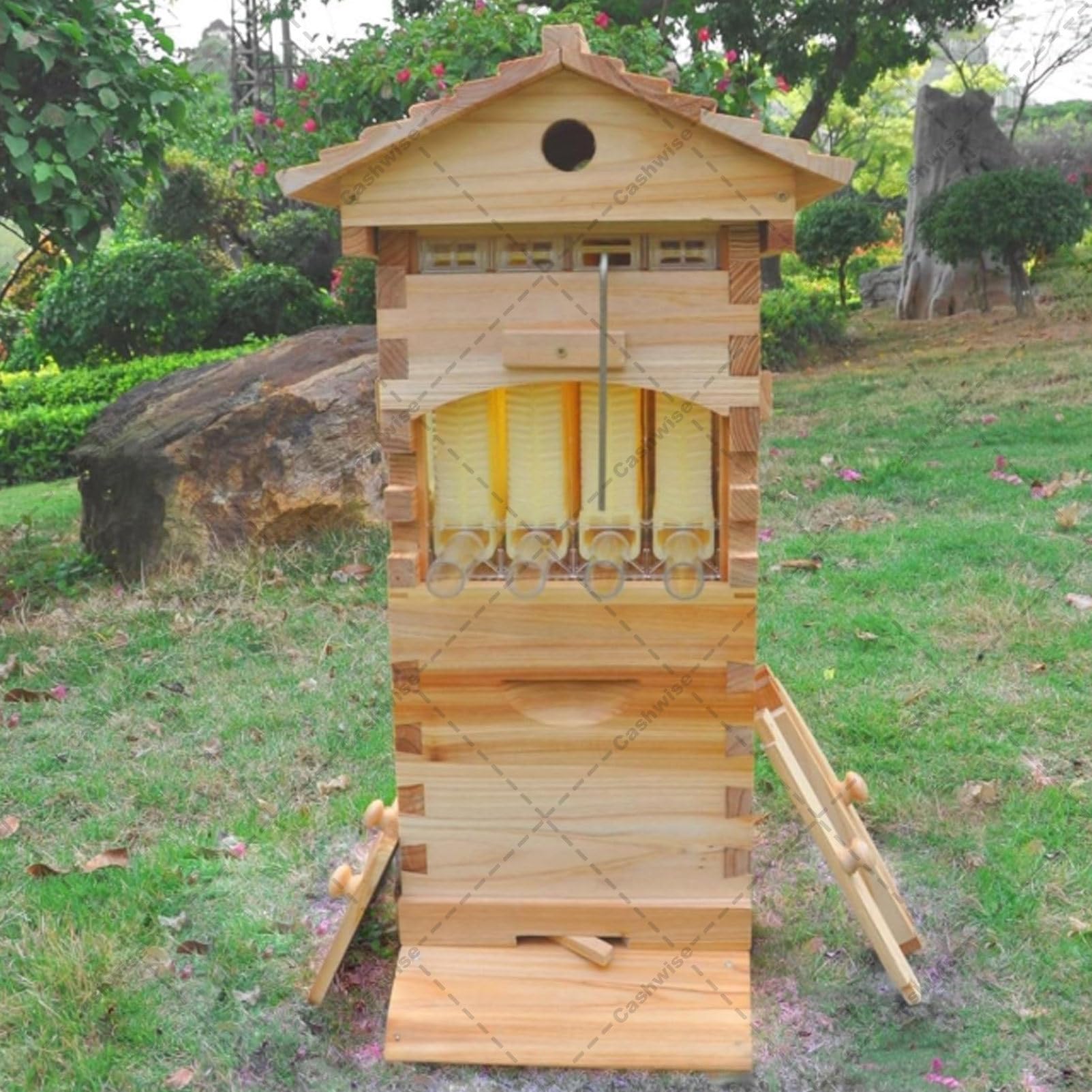 Arnia a Flusso Automatico, Arnia in Legno Completa per Apicoltura con 4 Telaini e 6 Vassoi a Favetto – Kit Base per Apicoltura Domestica e Impollinatori da Giardino