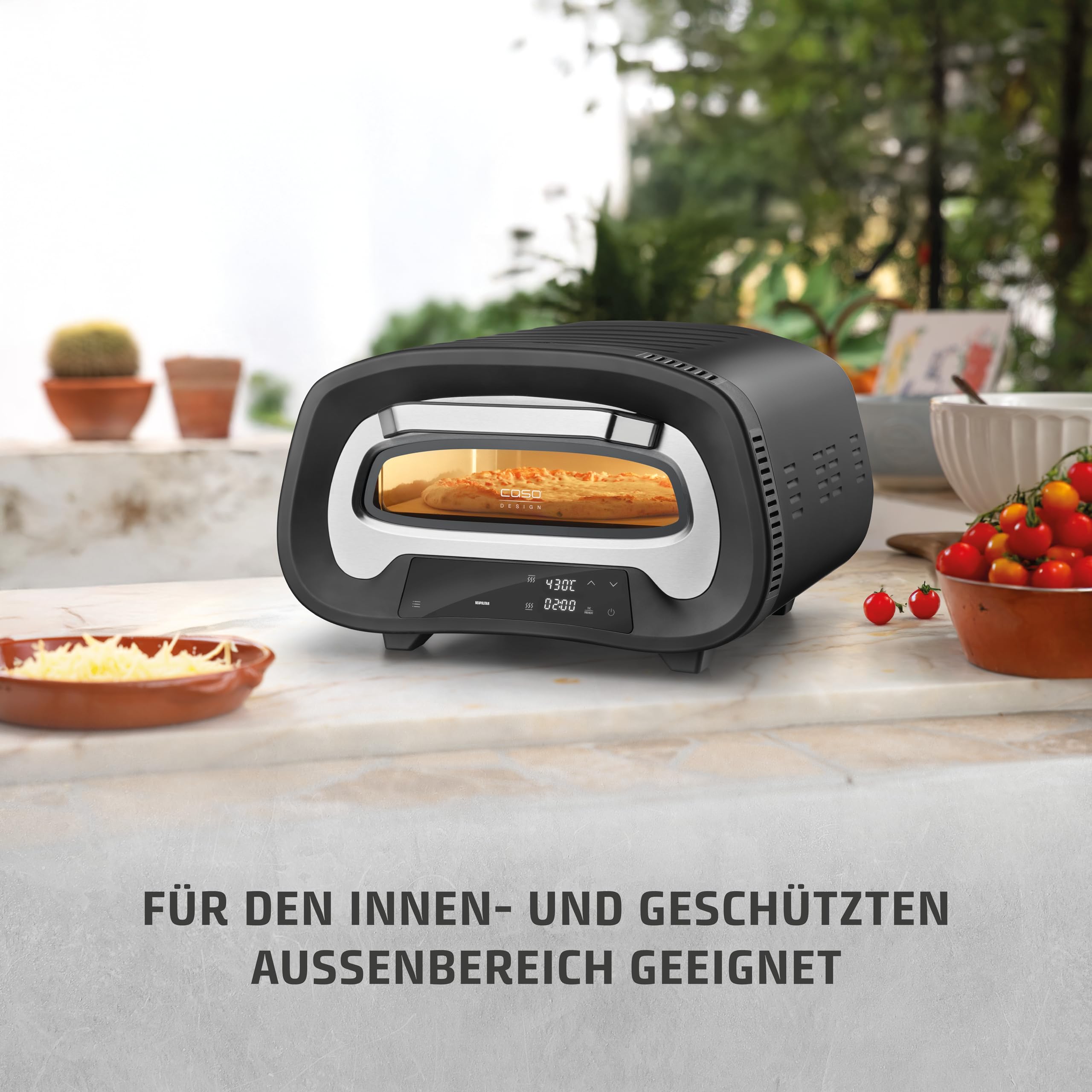 CASO PizzaChef 430° - elektrischer Pizzaofen, 80-430°C, mit Pizzastein | 8 Automatikprogramme, Cordierit Pizzastein (33x33cm), einstellbare Heizelemente, Innenraumbeleuchtung, Timer, Edelstahl
