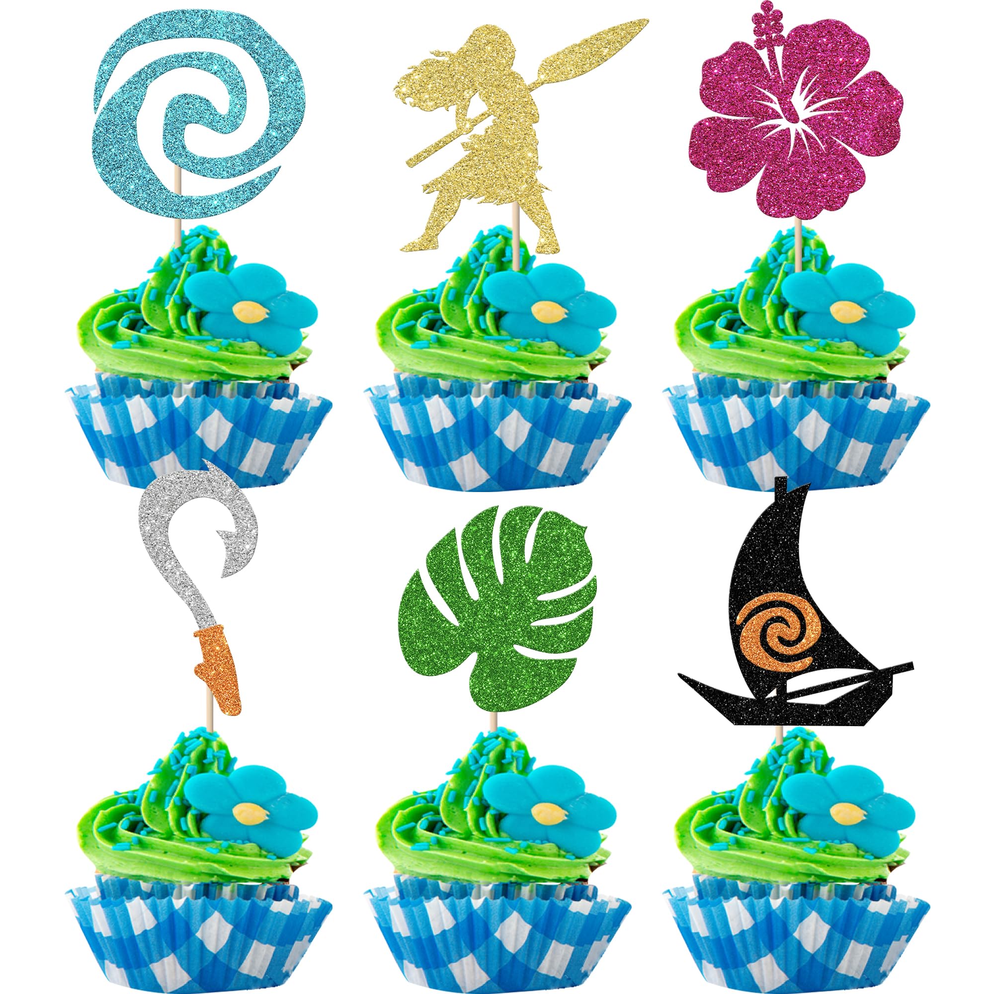 Xsstarmi 30 Pack Moana Inspired Cupcake Toppers Glitter Palm Leaf Flower Cupcake Picks Tropical Hawaiian Luau Theme Cake Decorations for Baby Shower Birthday Party Cake Supplies โ image 1