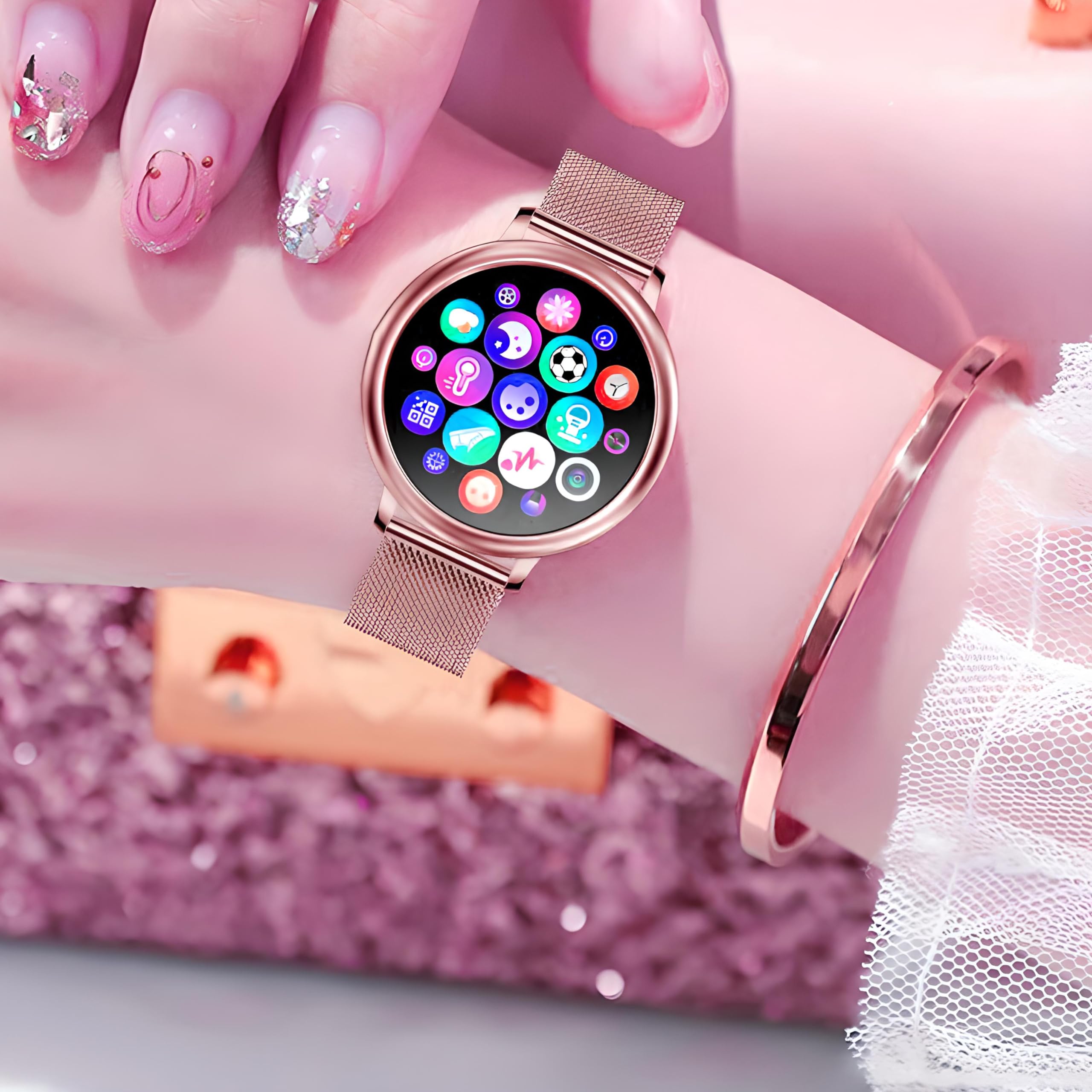 Retoo Smartwatch z dotykowym ekranem 1,54" Funkcja telefonu Zegarek sportowy z systemem Android Powiadomienia o połączeniach Urządzenie Śledzące Bluetooth Licznik kroków dla Kobiet i Mężczyzn Różowy