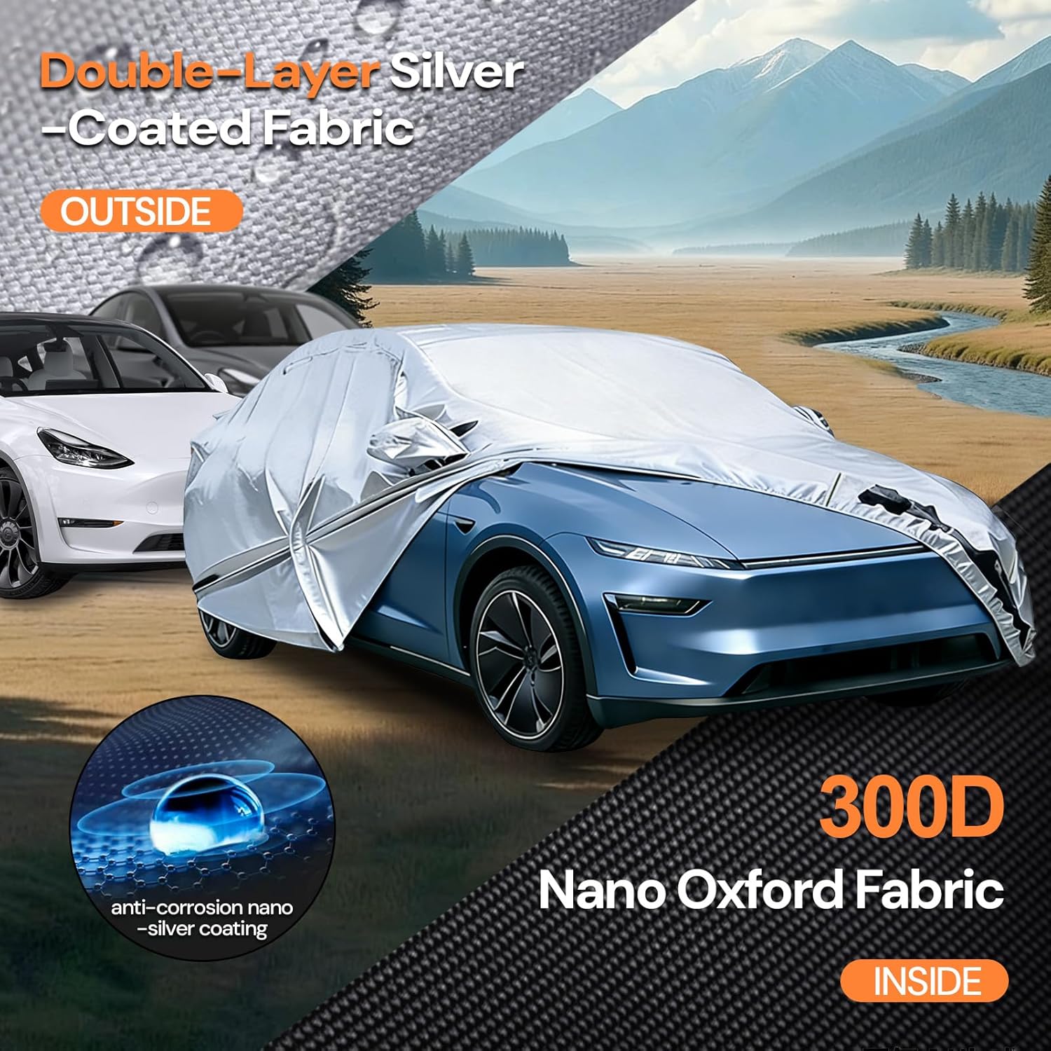 Car Cover for Tesla Model Y (2020-2026) 100% Waterproof All Weather & UPF50+，Custom Fit Car Cover Outdoor with Charging Port & Door Zipper&Ventilated Mesh，Provide Snow/Rain/Dust/UV Protection