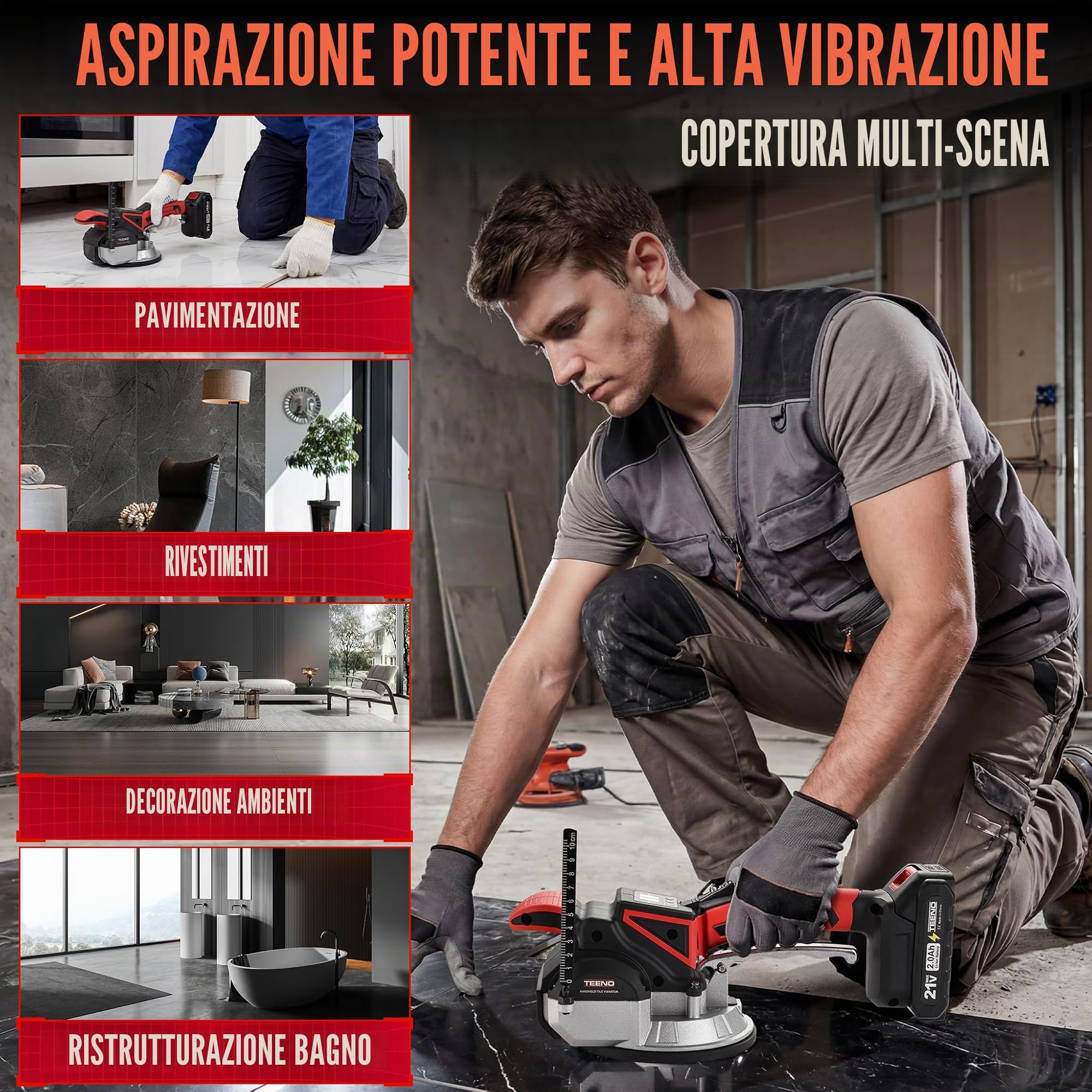 TEENO 2 in 1 Ventosa Vibrante per Piastrelle Senza Fili, Ventosa Elettrica per Piastrelle con 2 Batterie da 2Ah, 9 Velocità, 500 kg di Aspirazione, 12000 RPM di Vibrazione, Ventosa da 145mm+Scala+