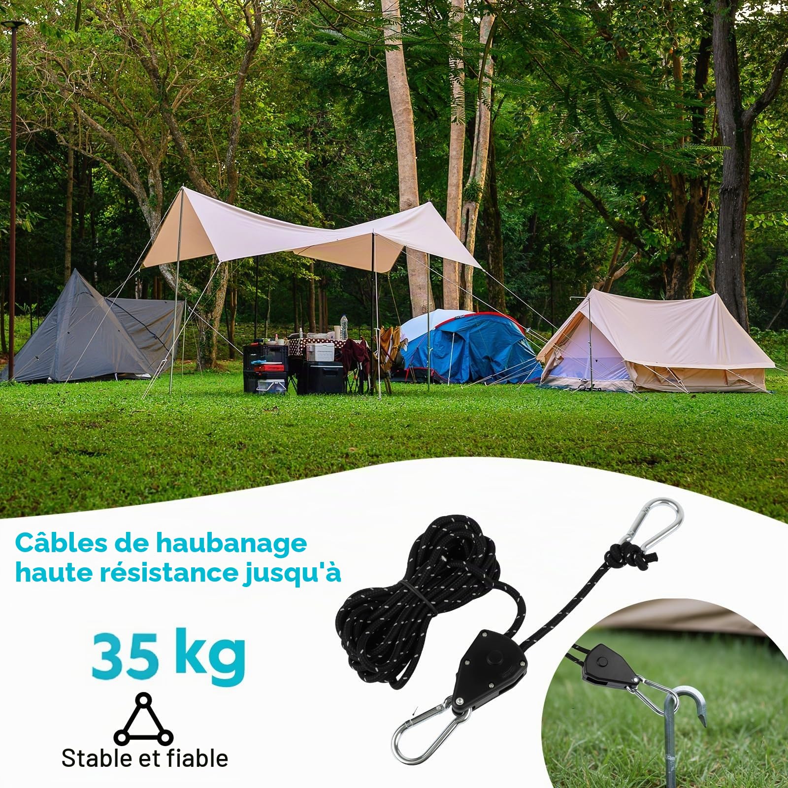 8 pièces Cordes haubanage réfléchissantes 4 m avec tendeur – Corde Tente Ø4 mm avec système à cliquet, Cordage de Tension pour Tente, auvent, Store, tempête