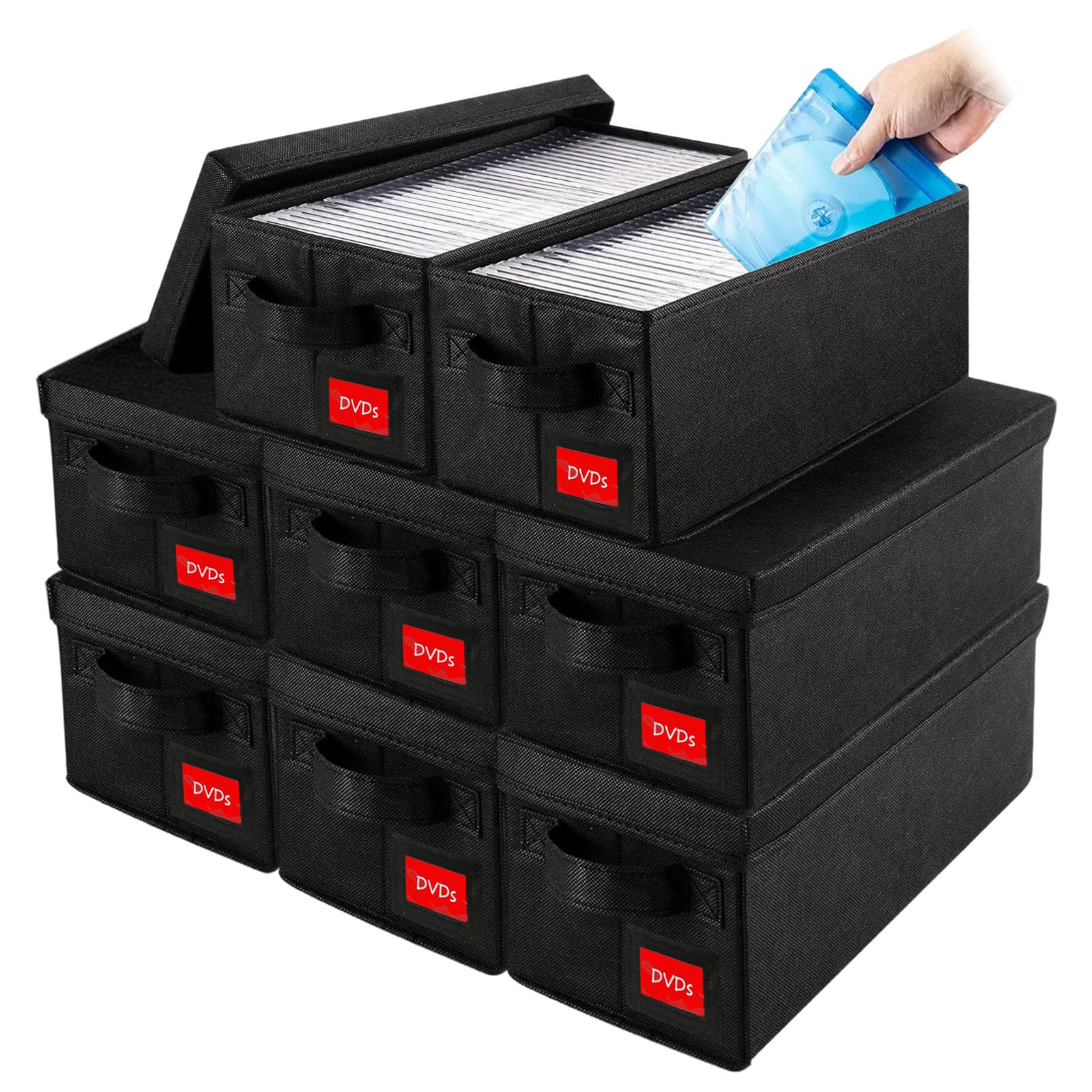 Aolawco Pack of 8 DVD Storage Box, 40*20*15 CM DVD Case Storage With lid, Container Holds 50 DVDs in Full Jewel Cases, 85 DVDs in Slim Cases, and 220 Discs in CD Sleeves, Organizer for CD & DVD- Black