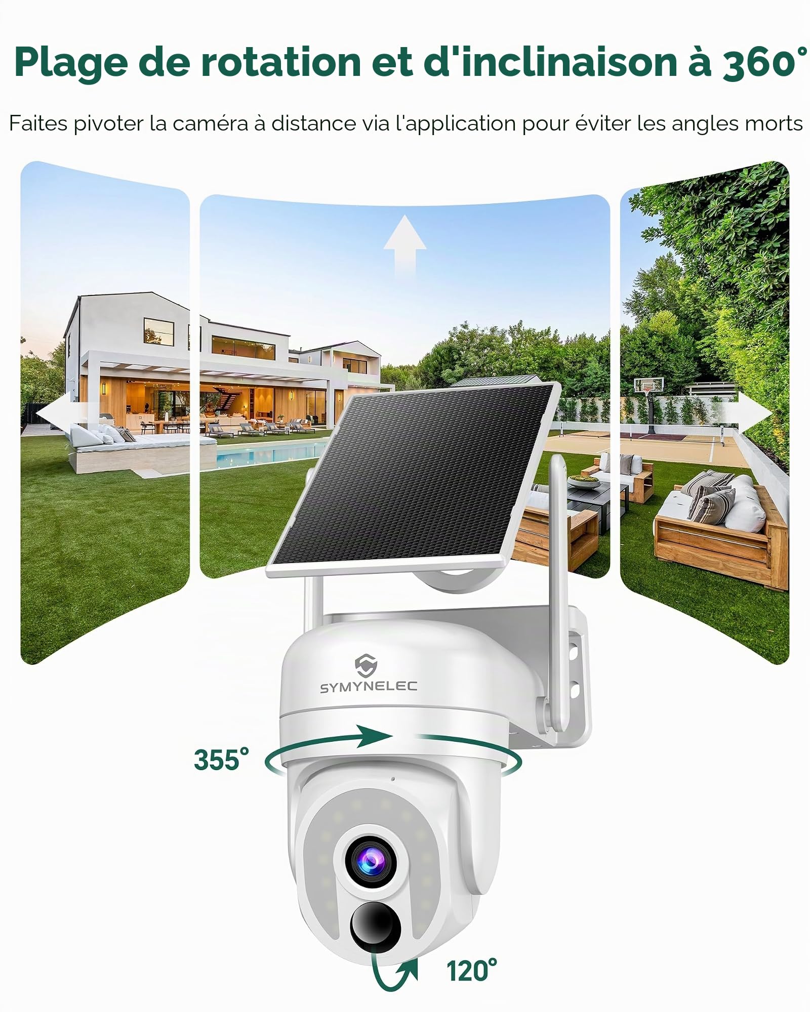 SYMYNELEC Caméra Surveillance WiFi Extérieure sans Fil Solaire 5GHz/2,4GHz | 2K Camera Solaire 360° avec Panneau Solaire, Vision Nocturne Couleur, AI Détection Humaine, Sirène, Compatible Alexa, IP65