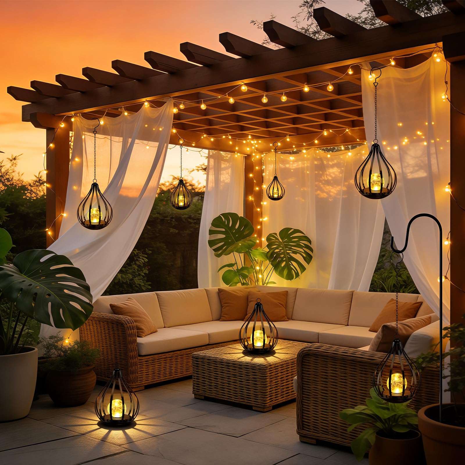 Farolillos Solares Exterior, 2 Piezas Lamparas Solares Exterior Jardin, Luces Solares Metálicas Suspendidas Impermeables, Decoracion Jardin Exterior, Aptas para Balcones, Patios y Terrazas