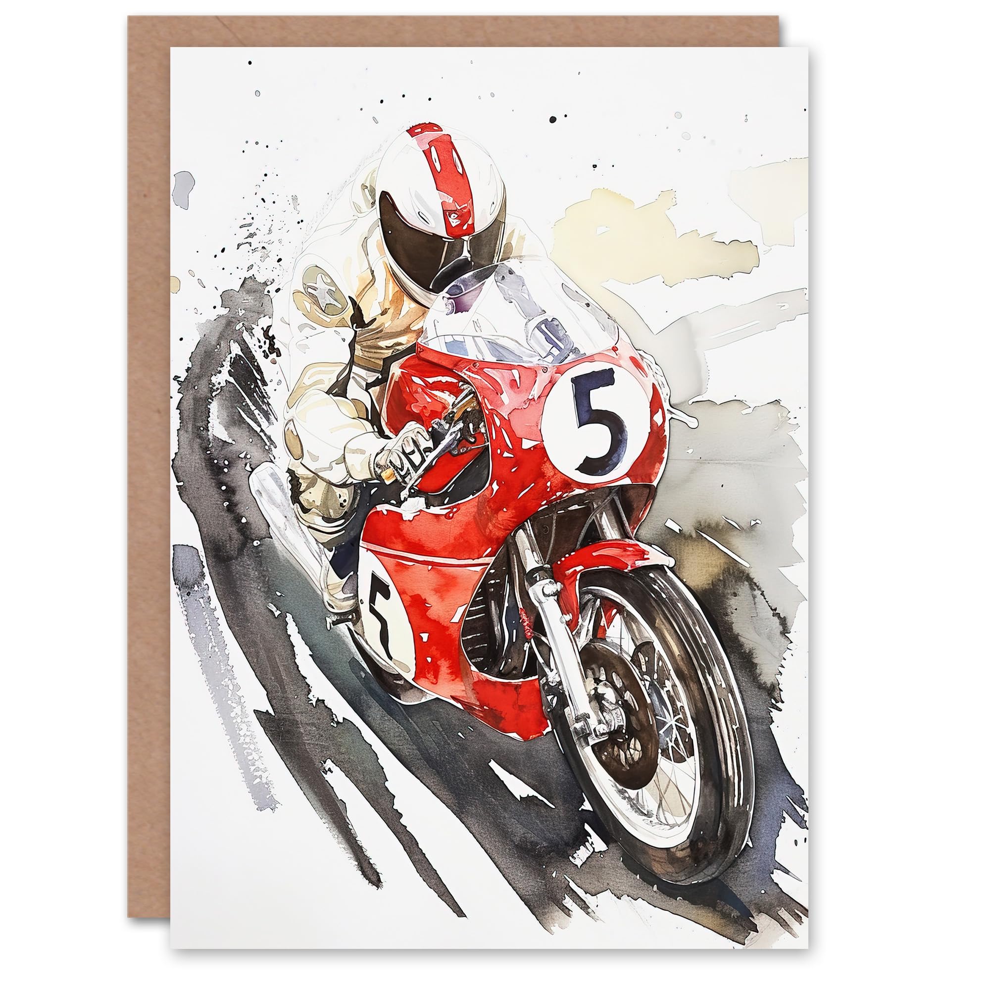 Artery8 Greeting Card Red Motorcycle Race Sport Event Watercolour For Him Man Birthday Card