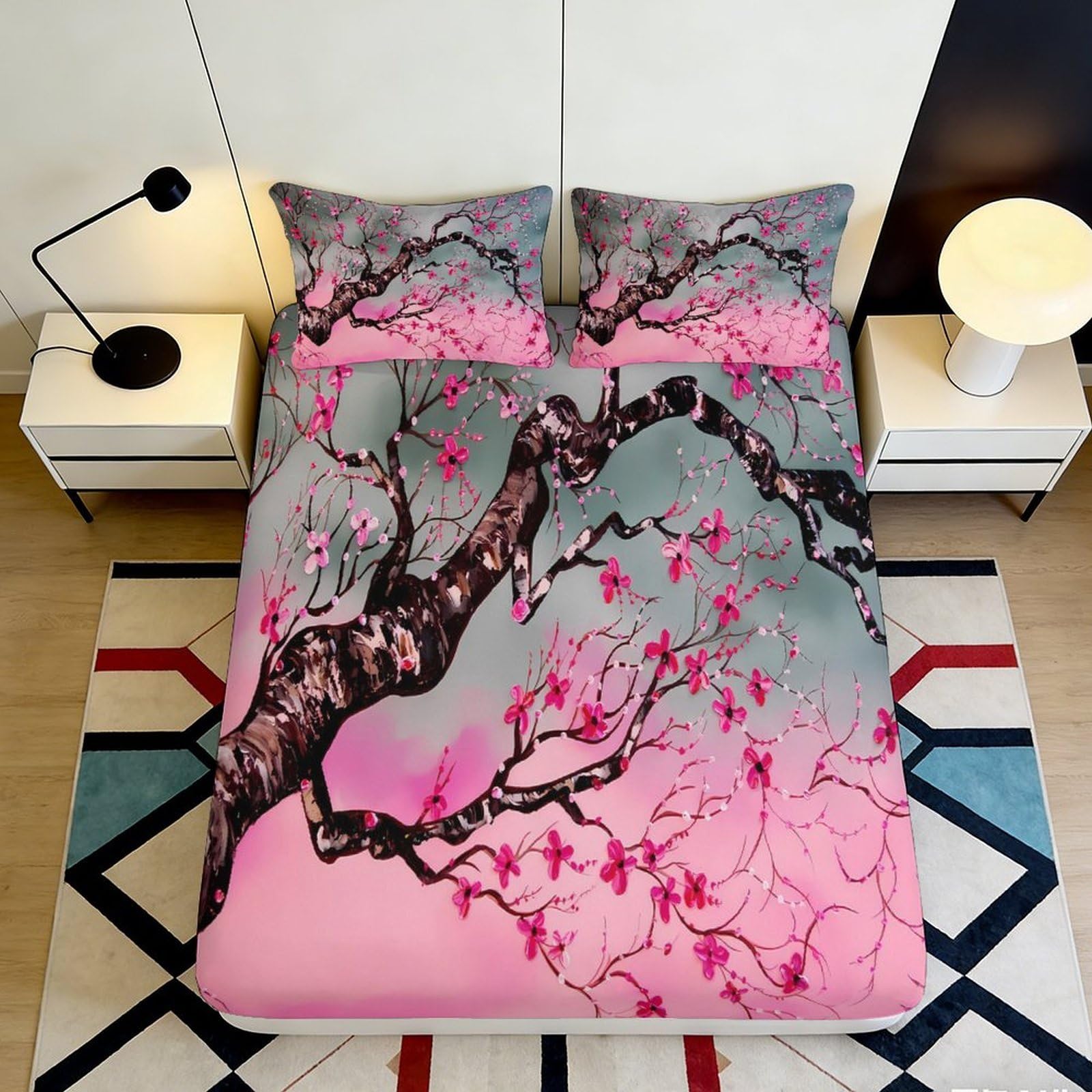 3D Printed Cherry Blossom Fitted Sheet Microfiber Elastic Hem for Adults Bedroom Bedding Cherry Blossom Mattress Fitted Cover Deep Pocket Washable 200x200x25cm