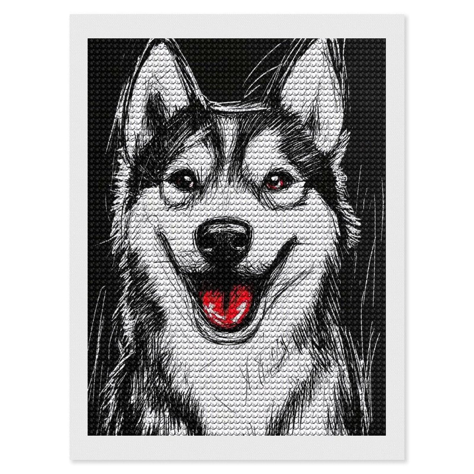 Junmoney Smiling Husky Portrait Diamond Art Kit 12"x16", Bedroom Decor, Adhesive Canvas, Full Kit Included, Thoughtful Present, Birthday Gift