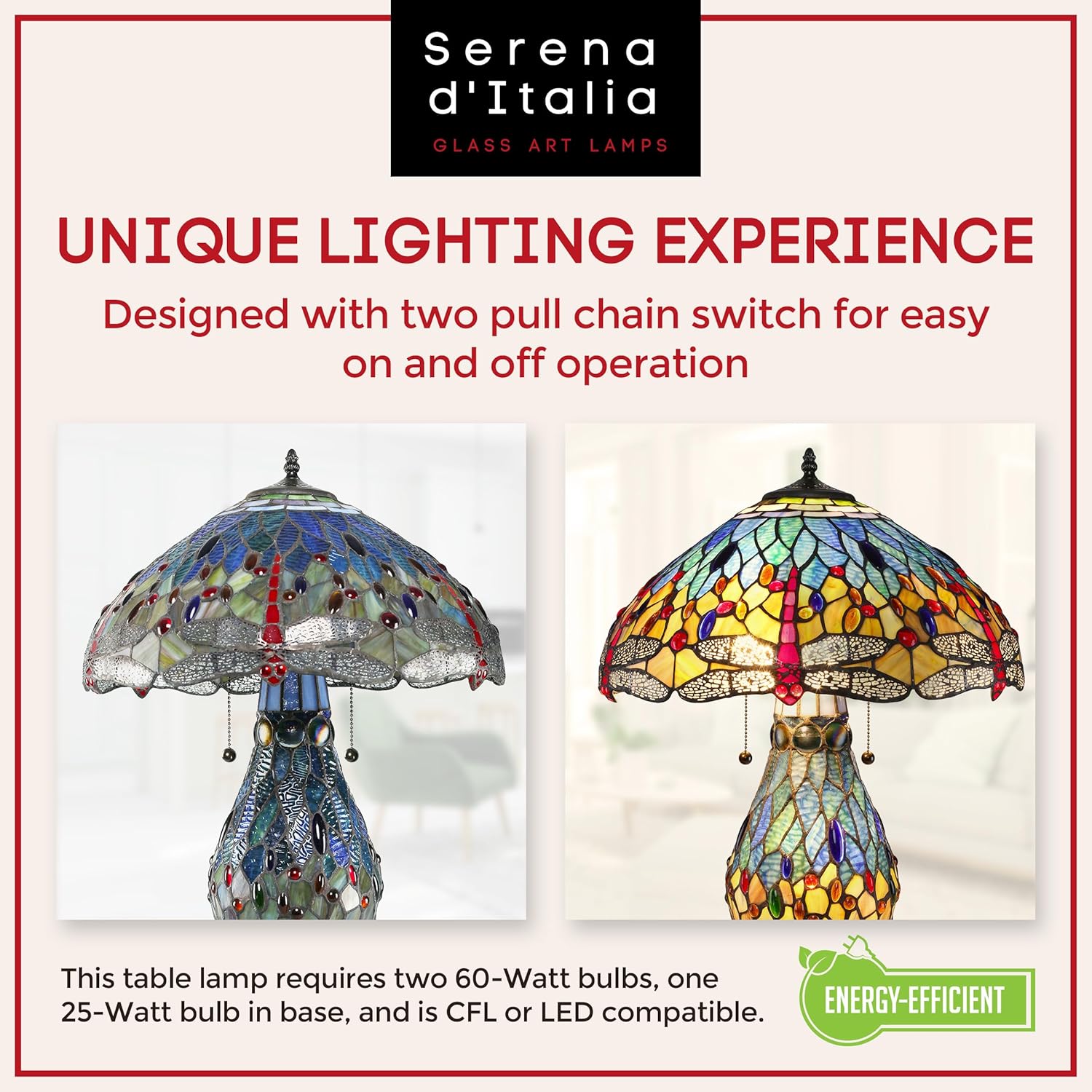 Serena D'italia Elegant Tiffany Style Blue and Red Glass Dragonfly Table Lamp with Lit Base, Handcrafted in The Antique Style of Louis Comfort Tiffany