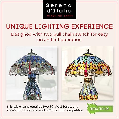Miniatura 6 de Serena D'italia Elegante lámpara de mesa estilo Tiffany con libélula de cristal azul y rojo con base iluminada, hecha a mano en el estilo antiguo de