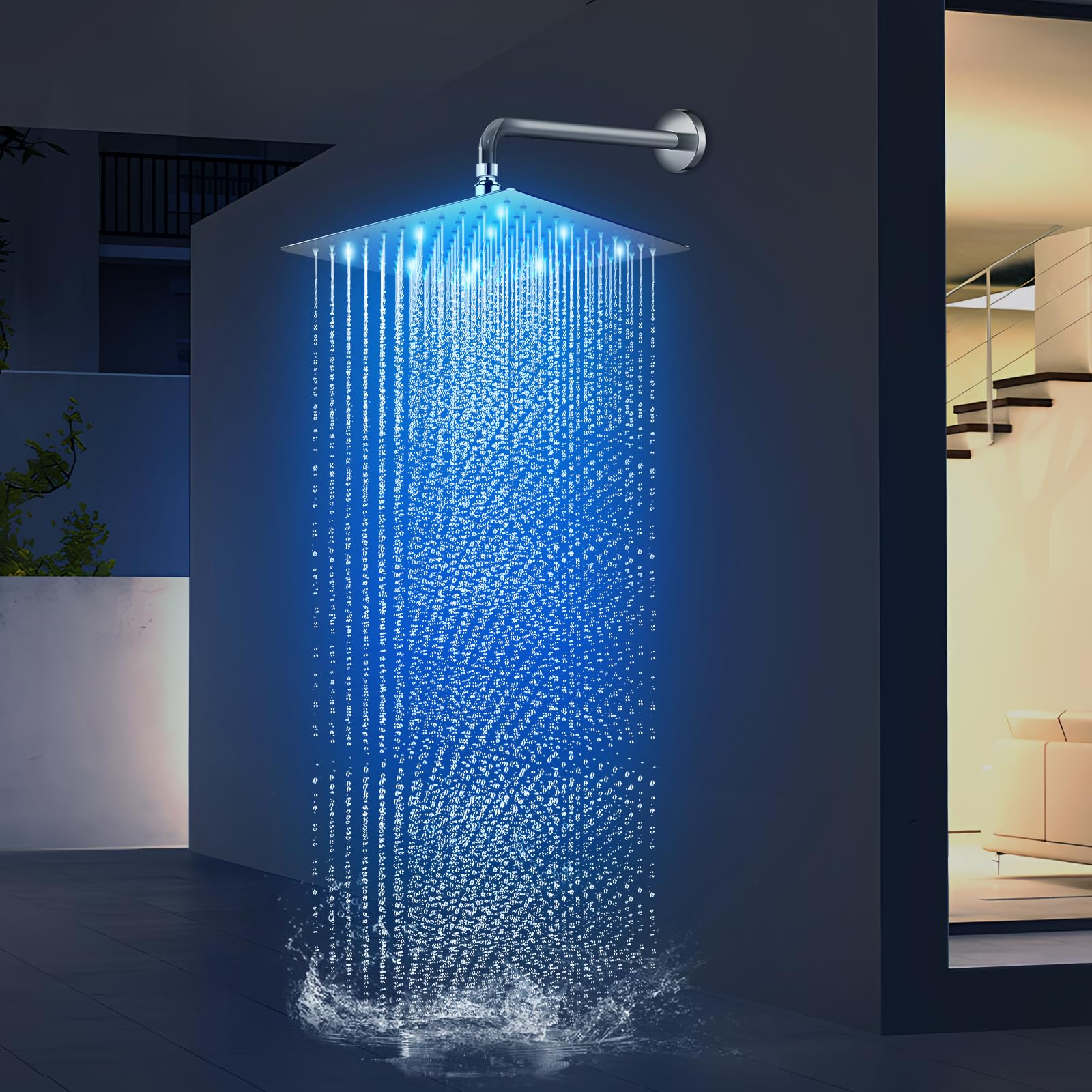 Soffione doccia a pioggia, soffione doccia a LED ad alta pressione da 25,4 cm, anti-intasamento, soffione fisso a pioggia con temperatura controllata che cambia colore, giunto a sfera in ottone