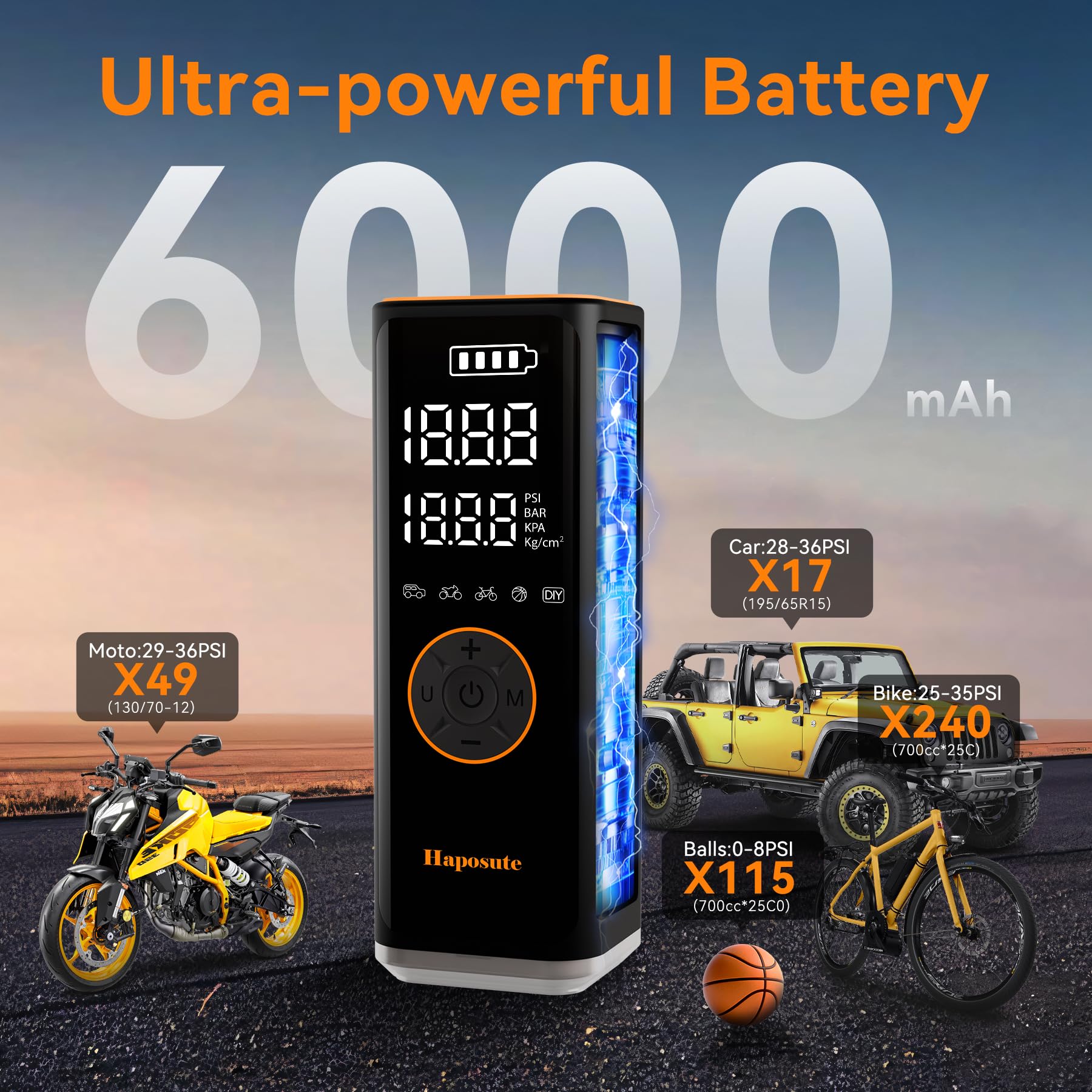 Tyre Inflator Portable Air Compressor 12V DC, 150PSI Corded/Cordless 6000mAh Long-Lasting Battery Electric Air Pump with Digital Display & Dual LED Light for Car, Motorcycle, Bike, Ball & DIY — view 4