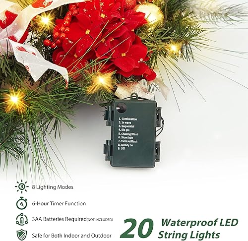 Miniatura 3 de Corona de Navidad preiluminada de 24 pulgadas con luces, guirnalda de Navidad a pilas con decoraciones, corona para puerta delantera, porche, pared,