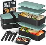 Bentoheaven Premium Bento Box Adult Lunch Box with 2 Compartments (40oz), Cutlery & Set of Chopsticks, Large Dip Container, Cute Black Japanese Bento Box, Rectangle, Microwavable (Outer Space)